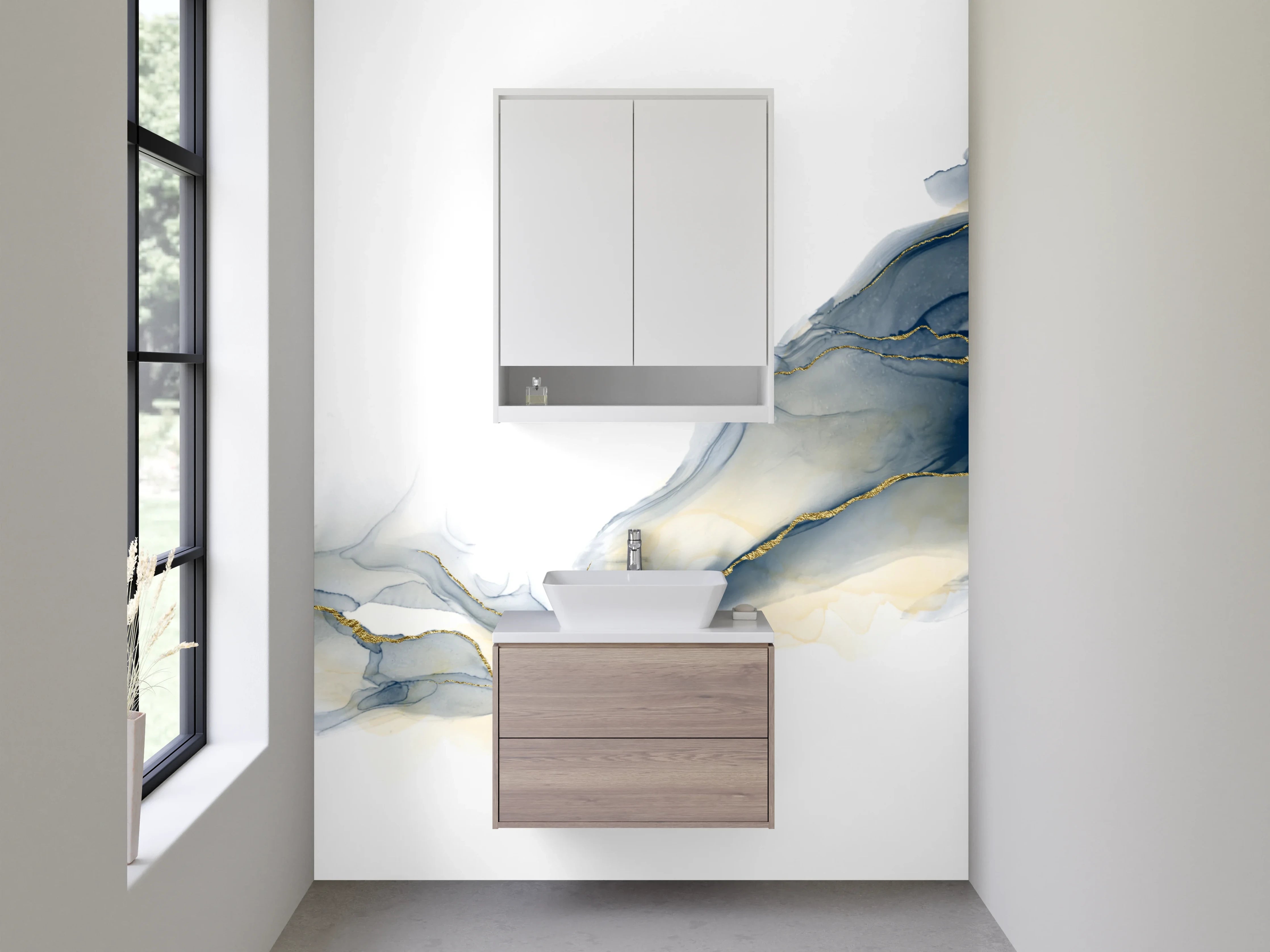 Waschbecken-Rückwand - Abstrakte Aquarelloptik mit Goldlinien