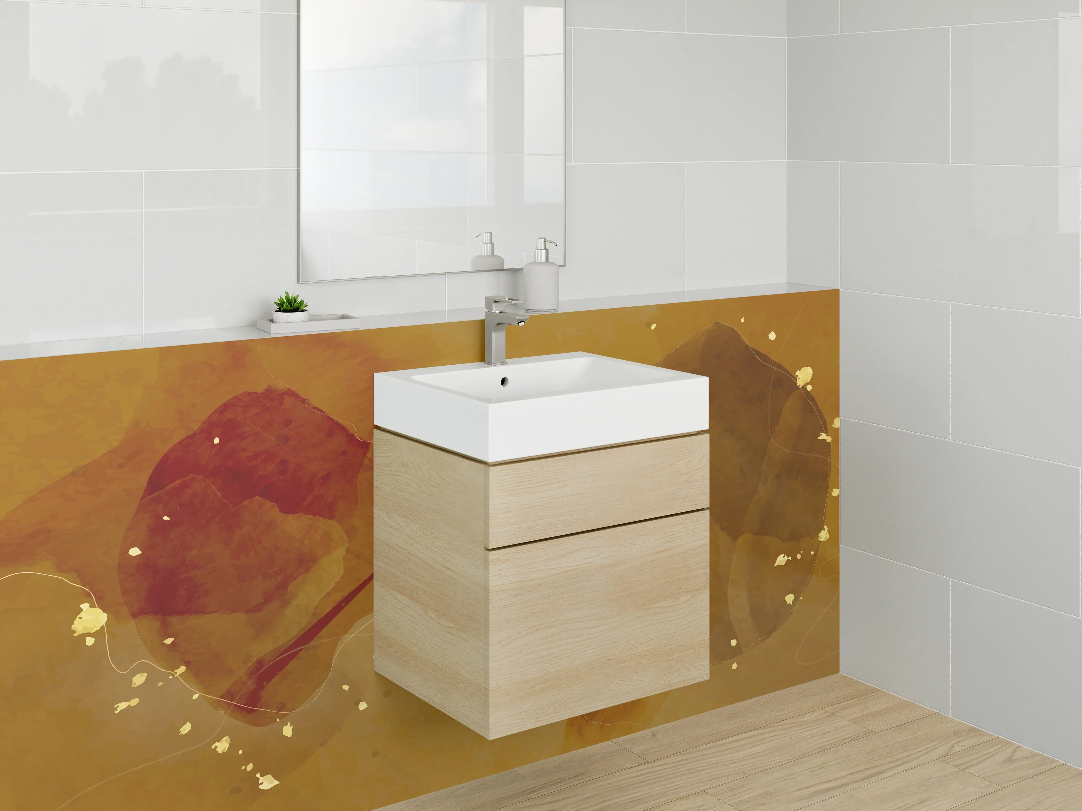 Waschbecken-Rückwand - Abstrakte Aquarellstruktur in Goldbraun