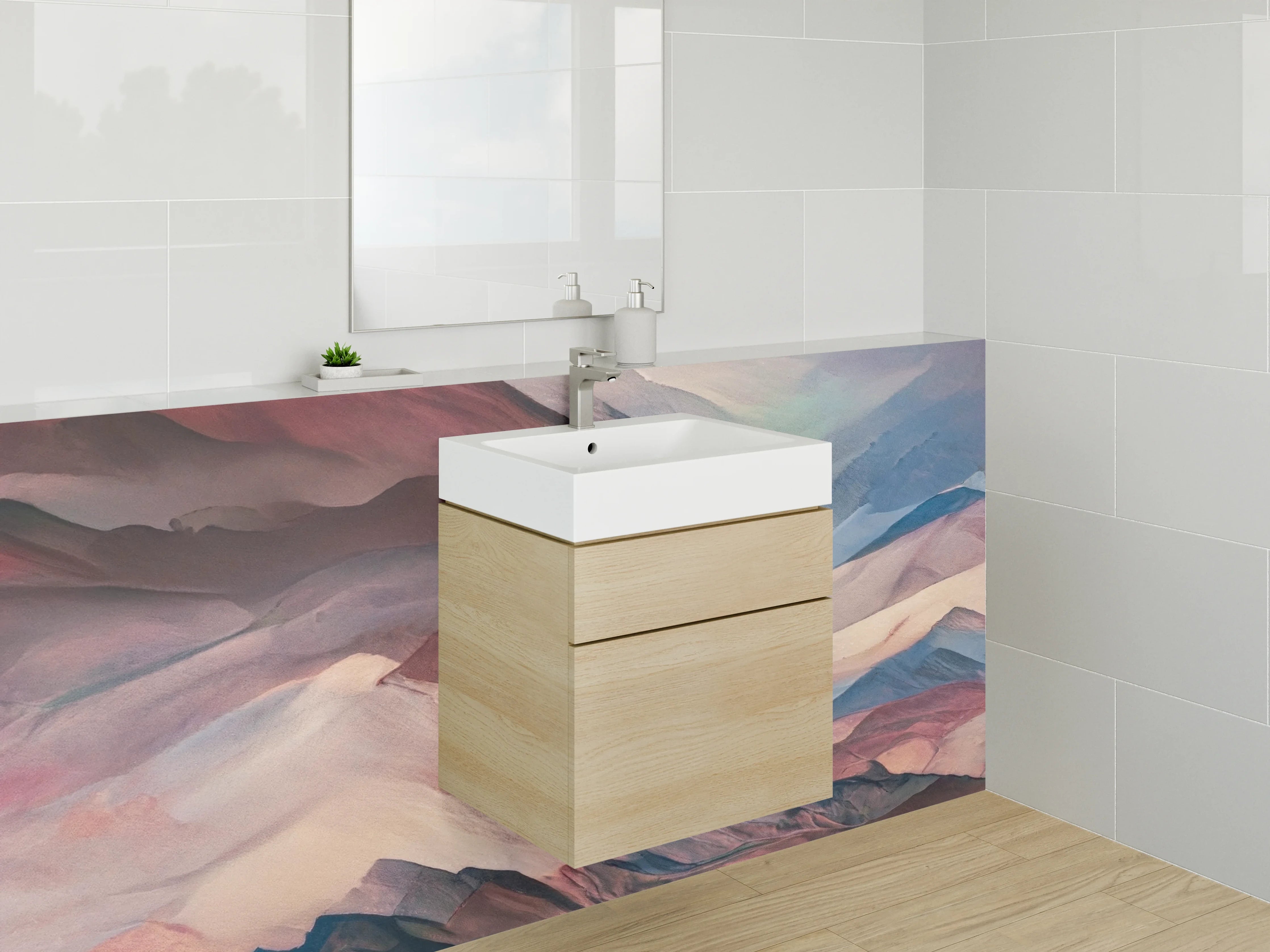 Waschbecken-Rückwand - Abstrakte Berglandschaft in Pastellfarben