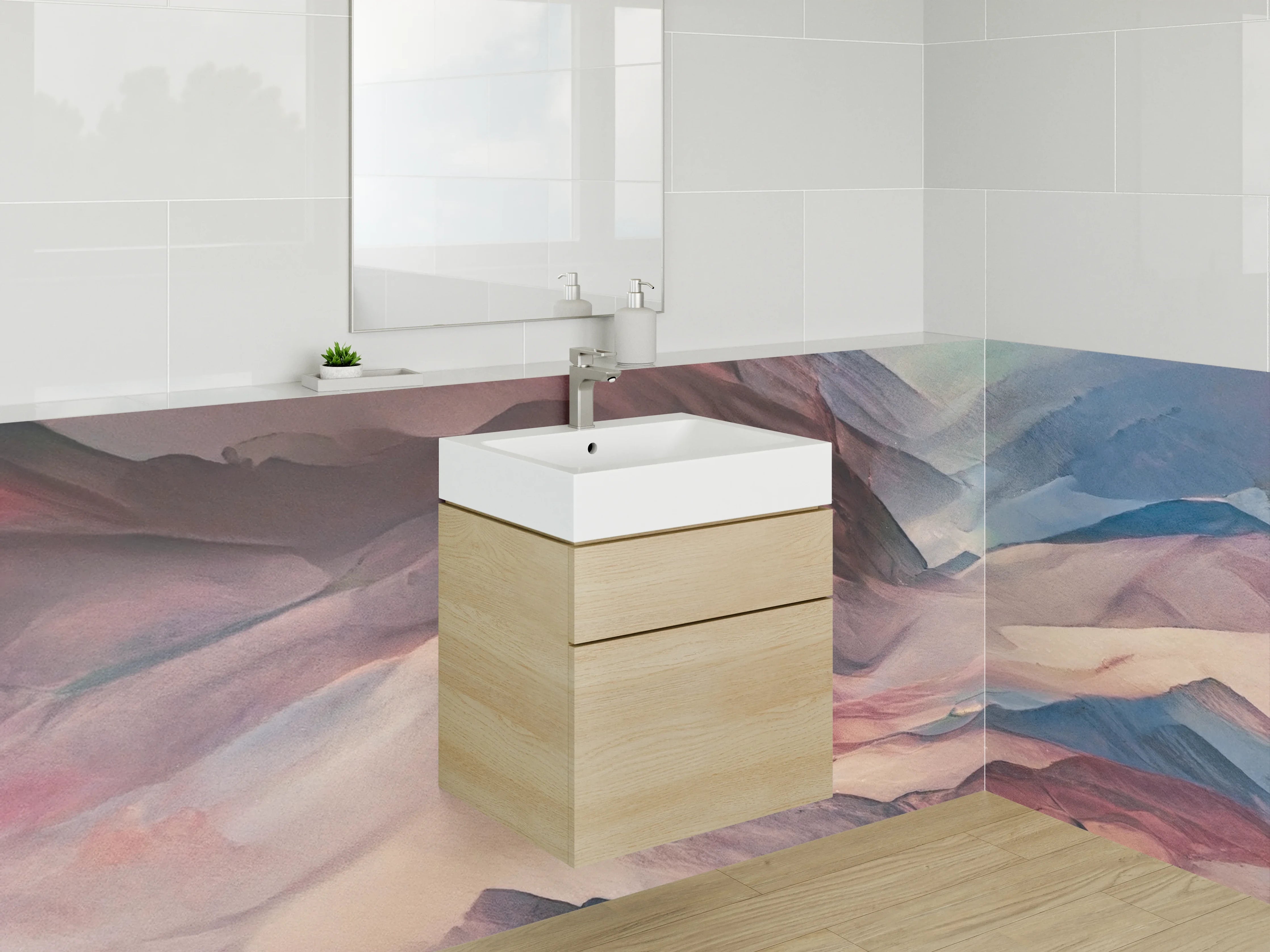 Waschbecken-Rückwand - Abstrakte Berglandschaft in Pastellfarben