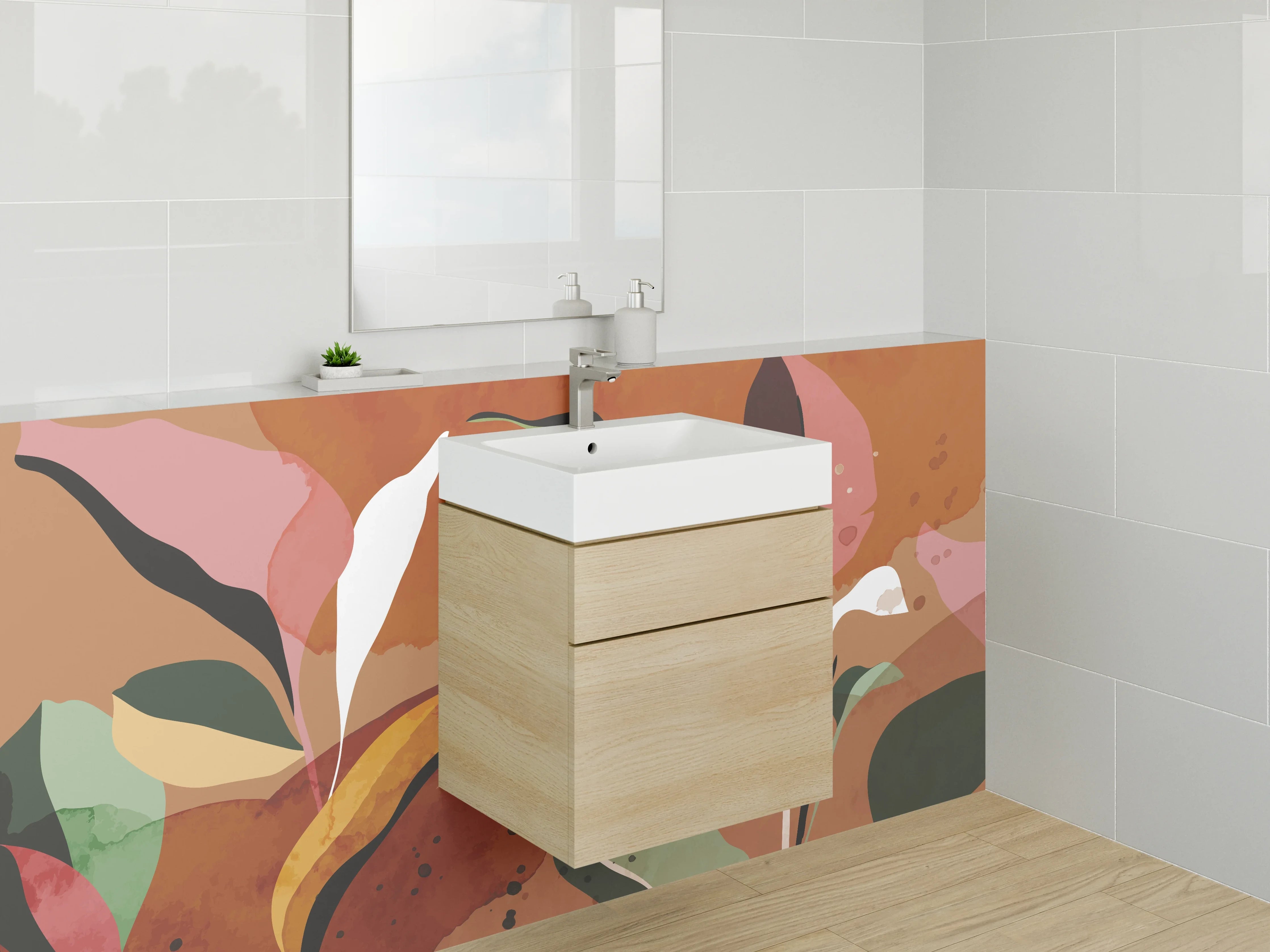 Waschbecken-Rückwand - Abstrakte Blätter in Erdtönen Aquarell