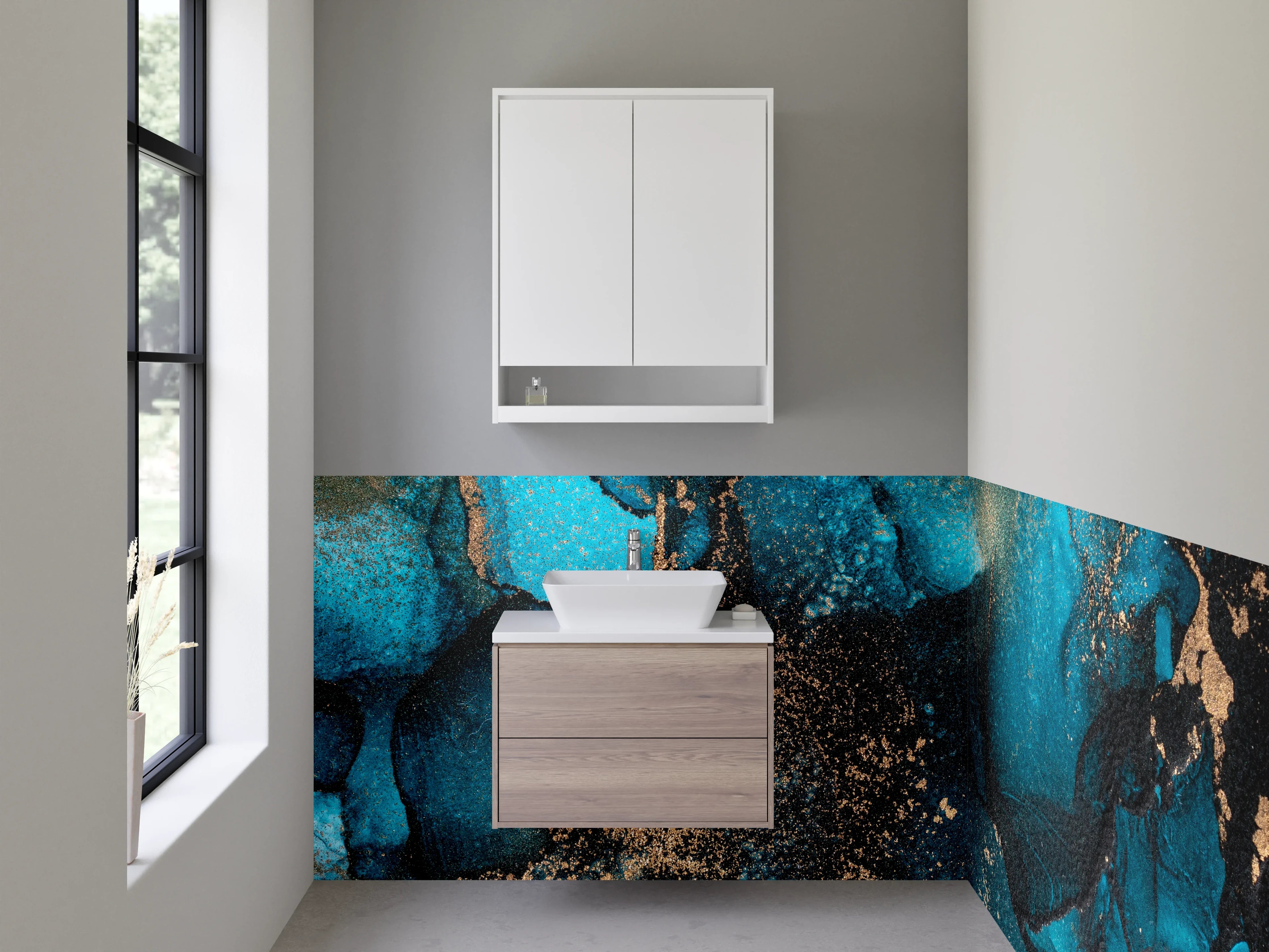 Waschbecken-Rückwand - Abstrakte Blau-Gold Aquarell-Optik