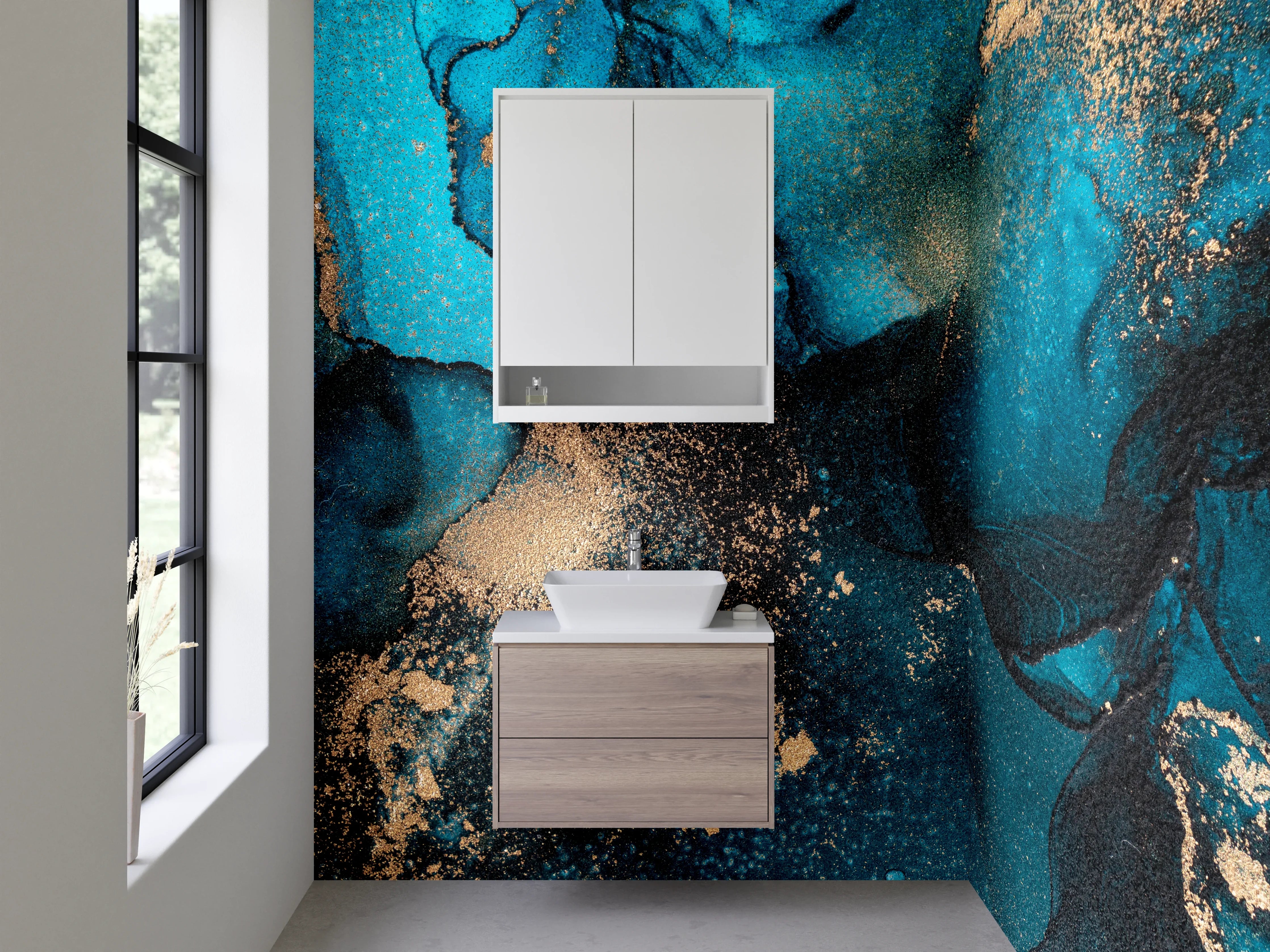 Waschbecken-Rückwand - Abstrakte Blau-Gold Aquarell-Optik