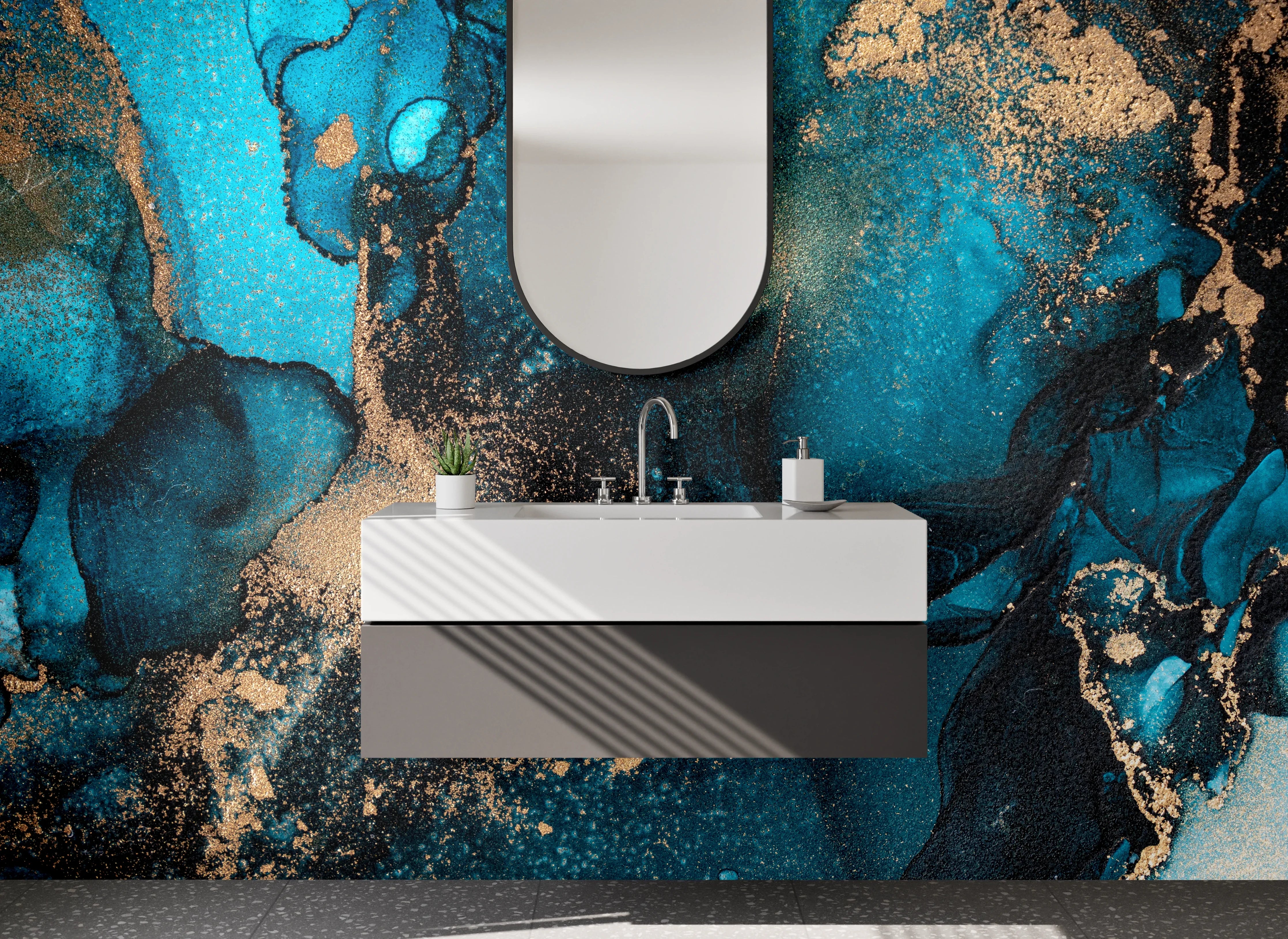 Waschbecken-Rückwand - Abstrakte Blau-Gold Aquarell-Optik