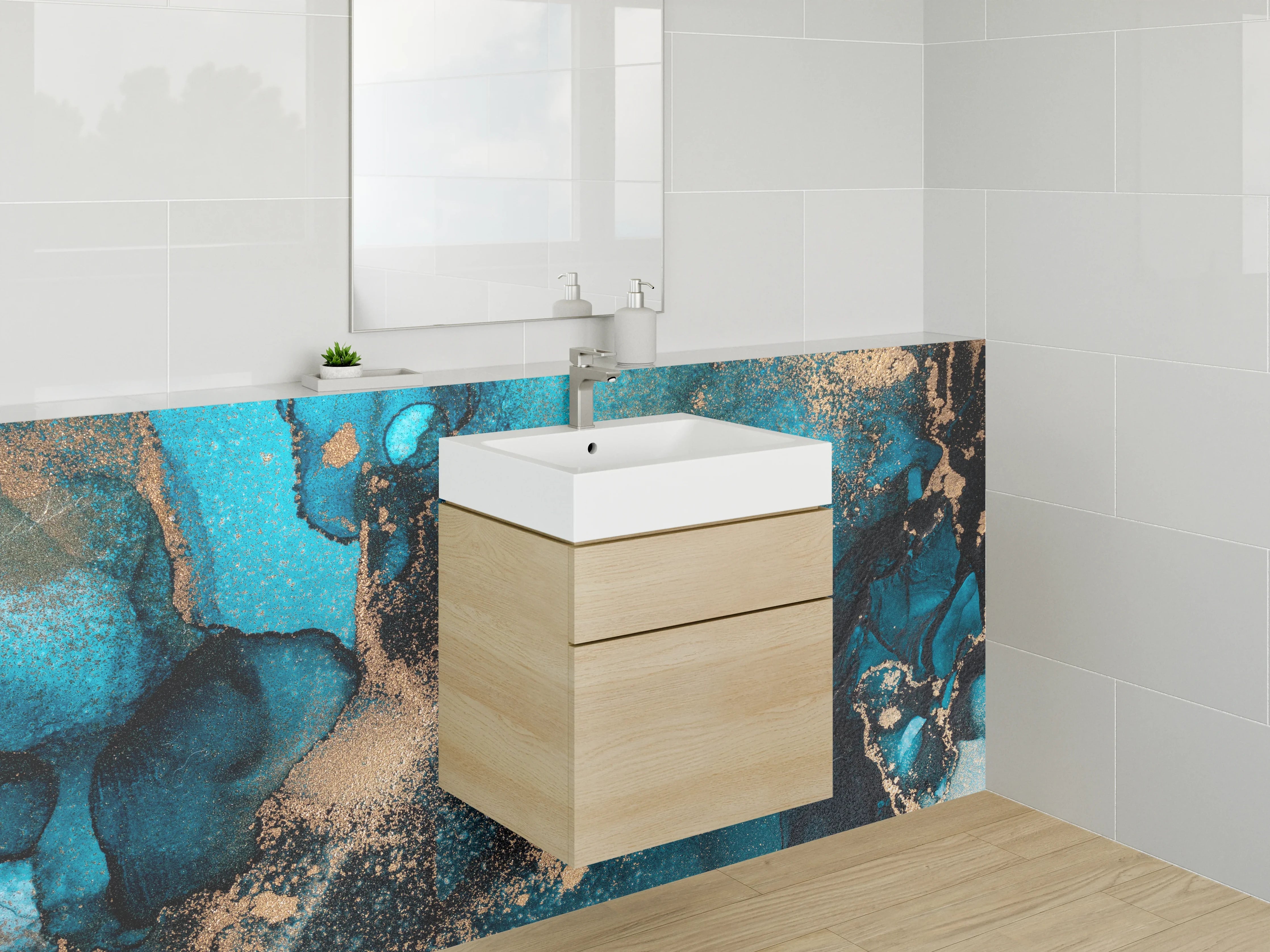 Waschbecken-Rückwand - Abstrakte Blau-Gold Aquarell-Optik