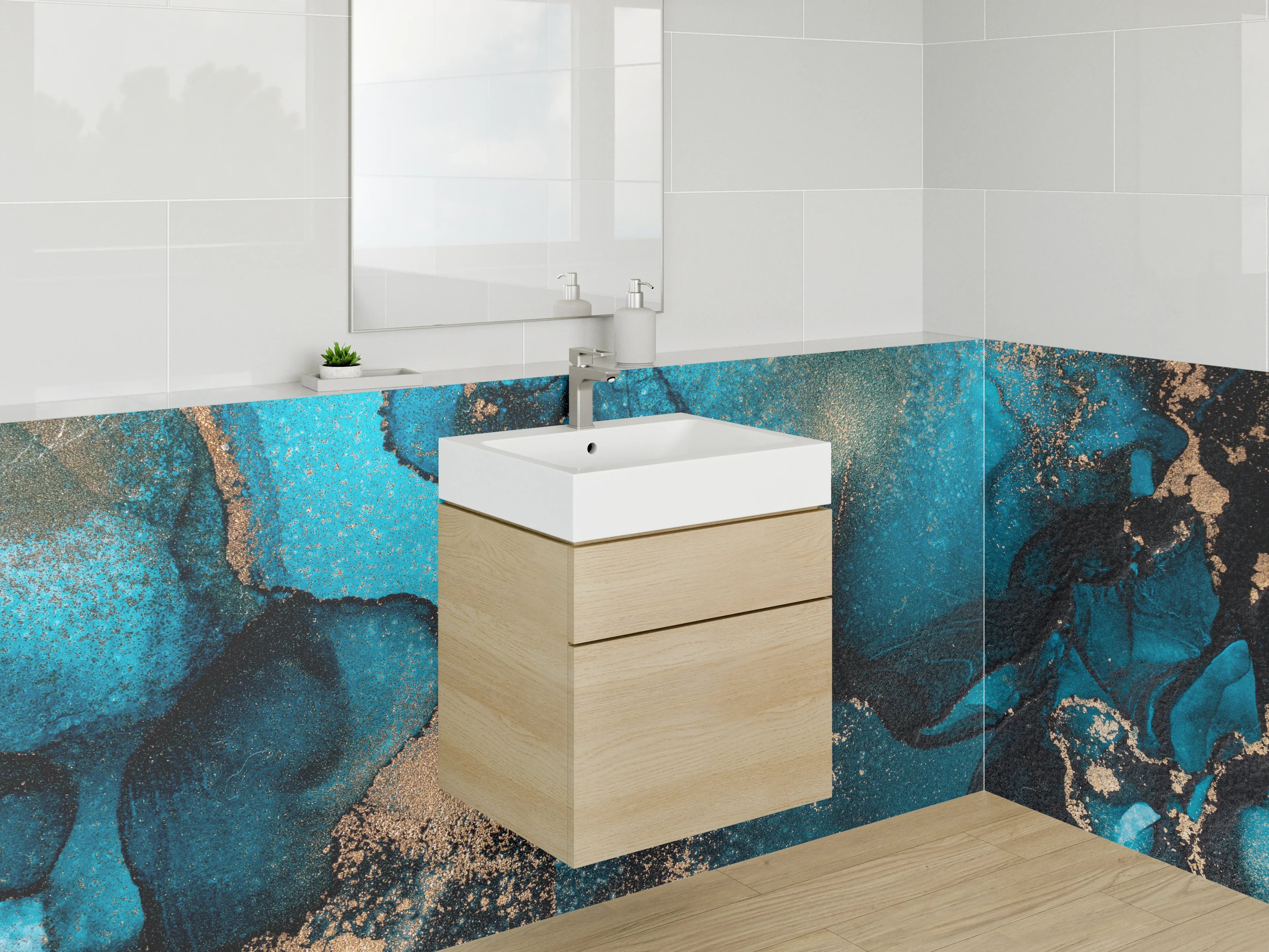 Waschbecken-Rückwand - Abstrakte Blau-Gold Aquarell-Optik