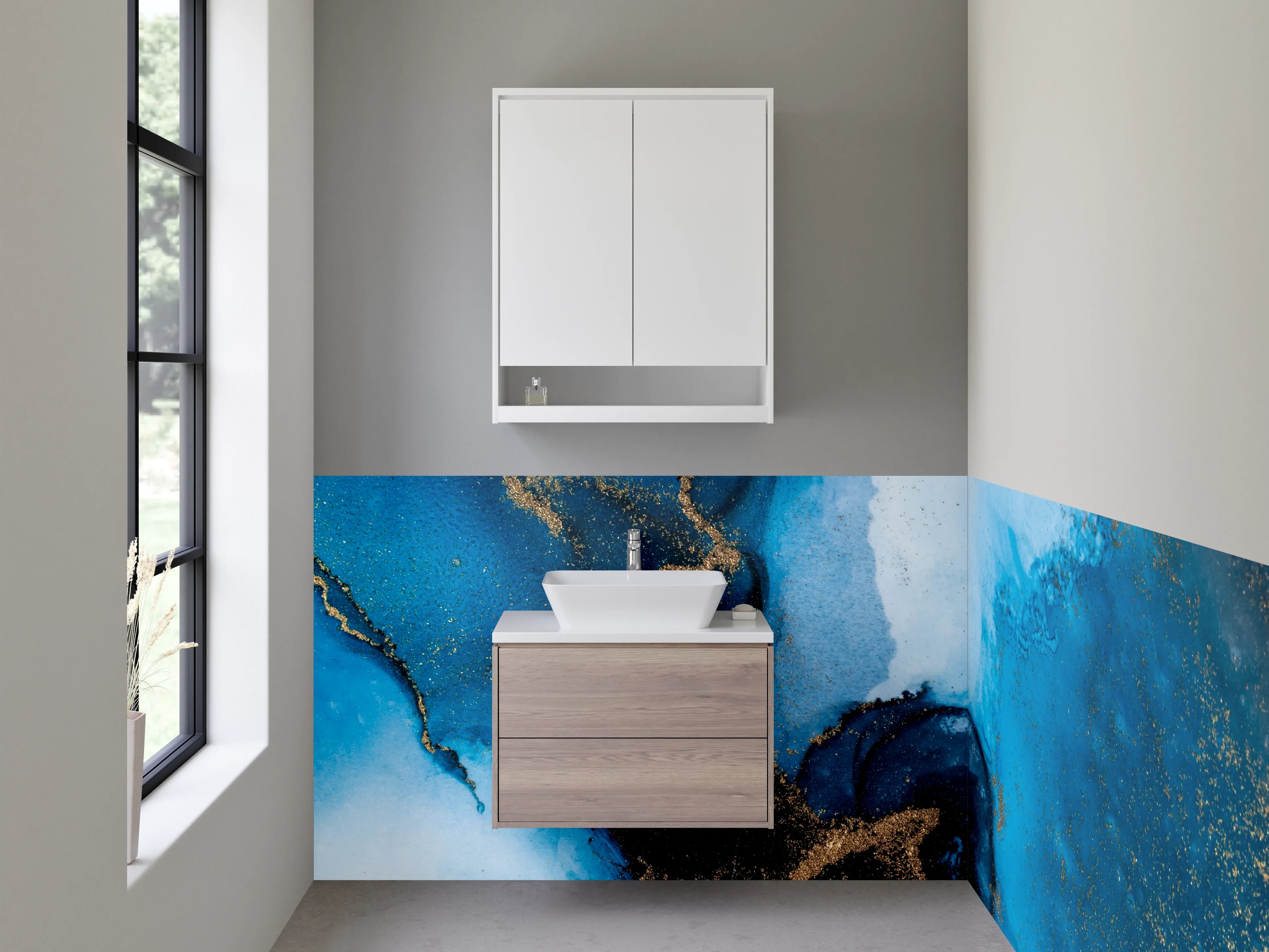 Waschbecken-Rückwand - Abstrakte Blautöne mit Gold-Akzenten