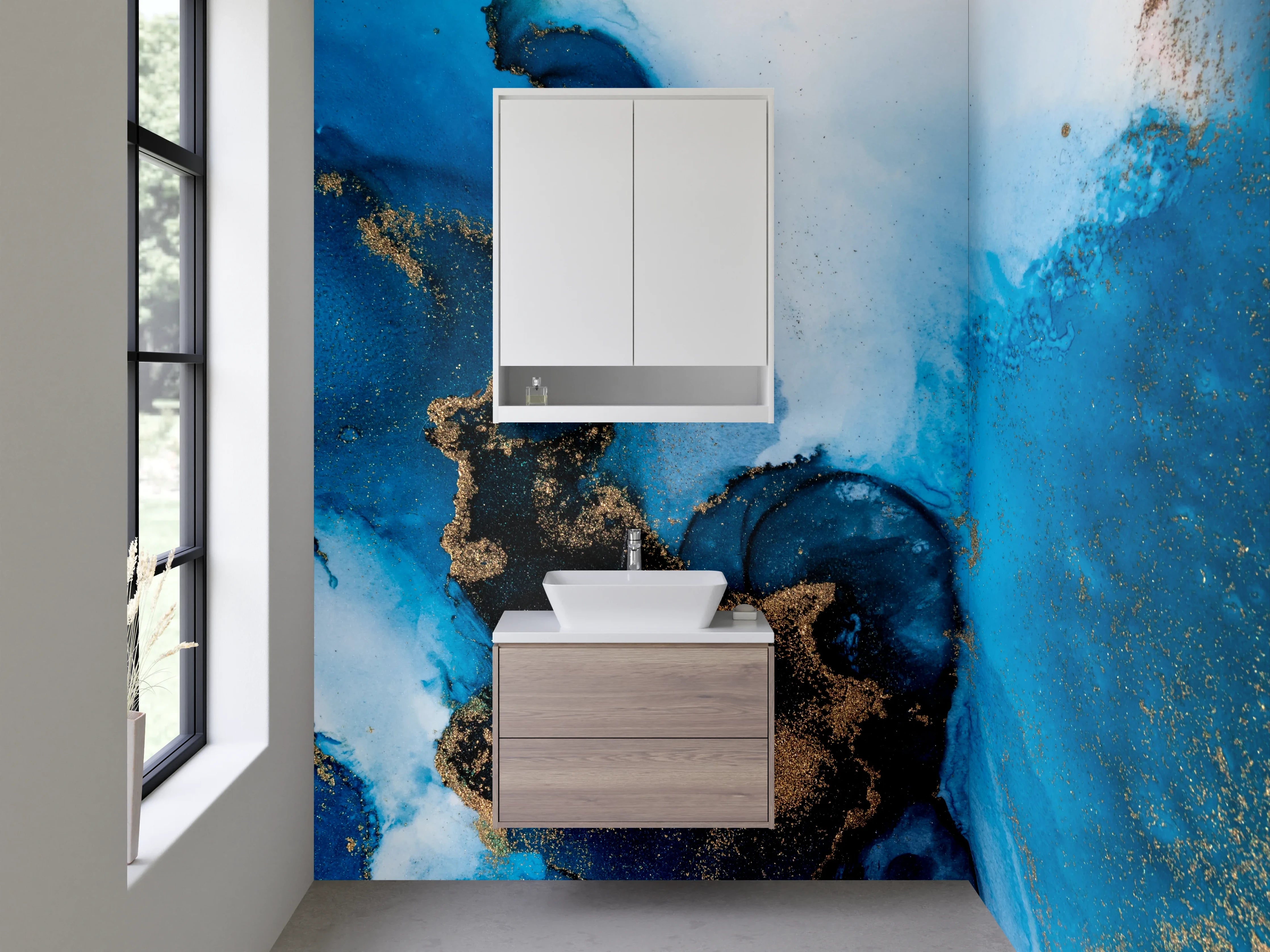 Waschbecken-Rückwand - Abstrakte Blautöne mit Gold-Akzenten