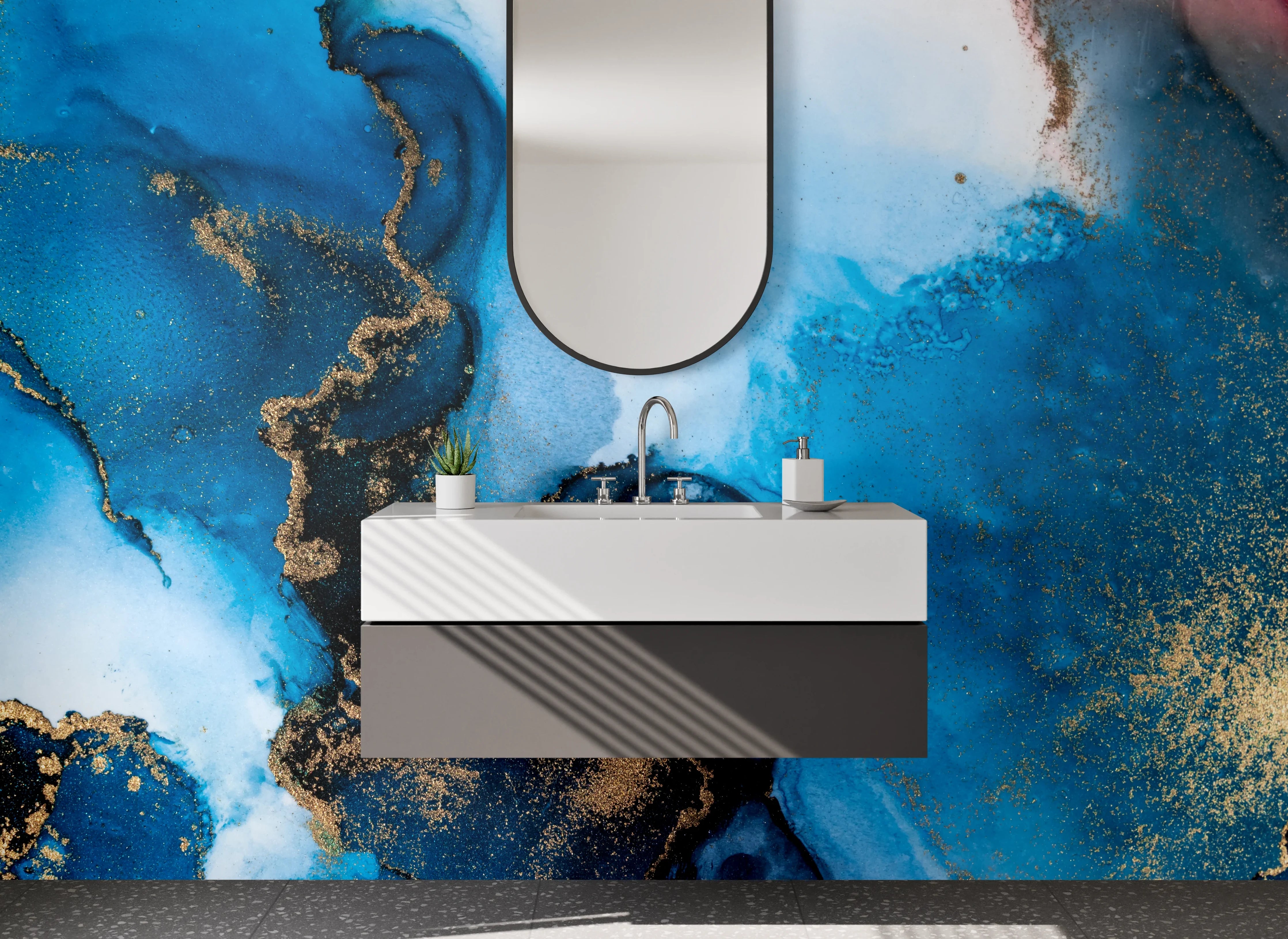 Waschbecken-Rückwand - Abstrakte Blautöne mit Gold-Akzenten