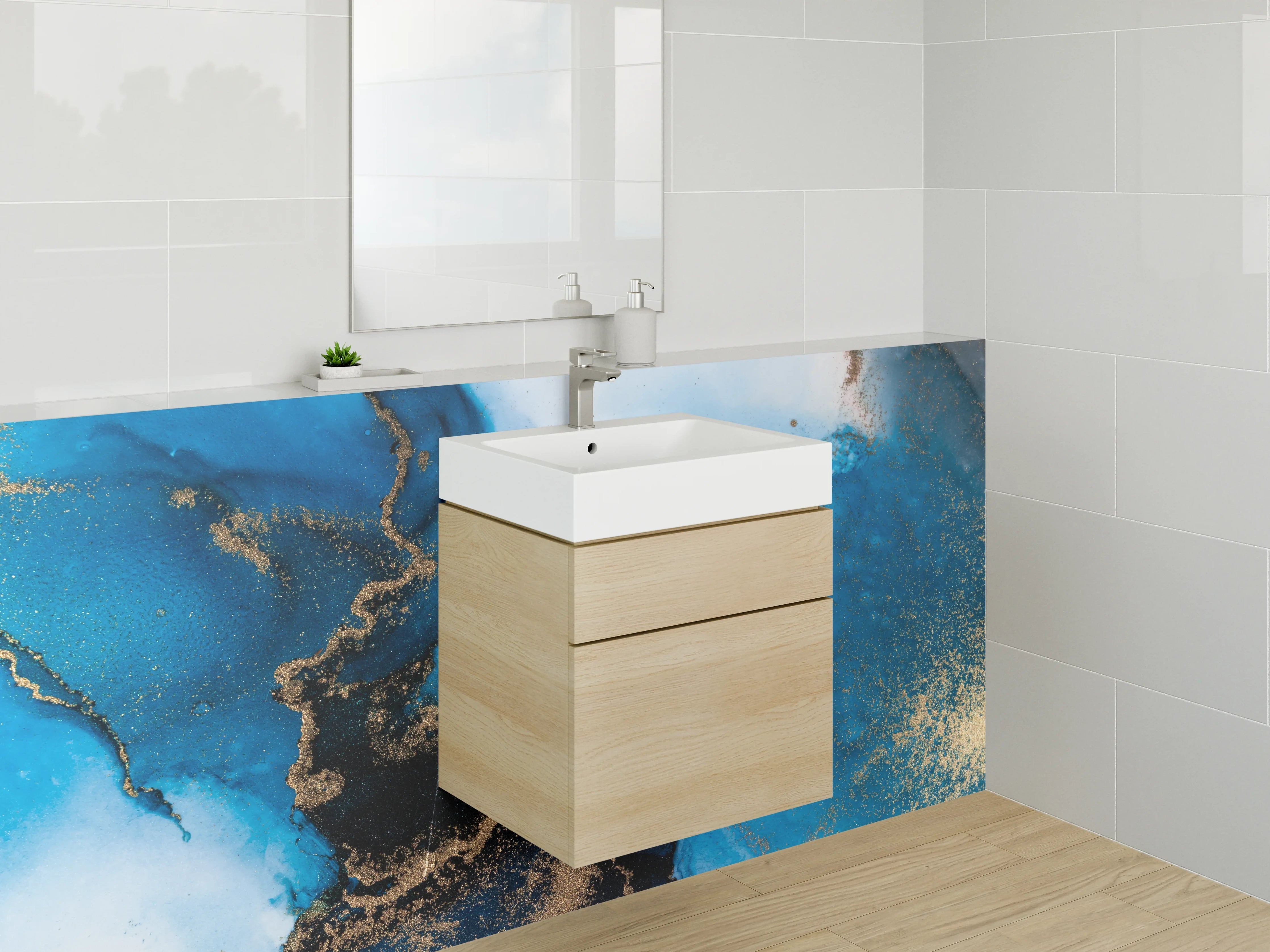 Waschbecken-Rückwand - Abstrakte Blautöne mit Gold-Akzenten