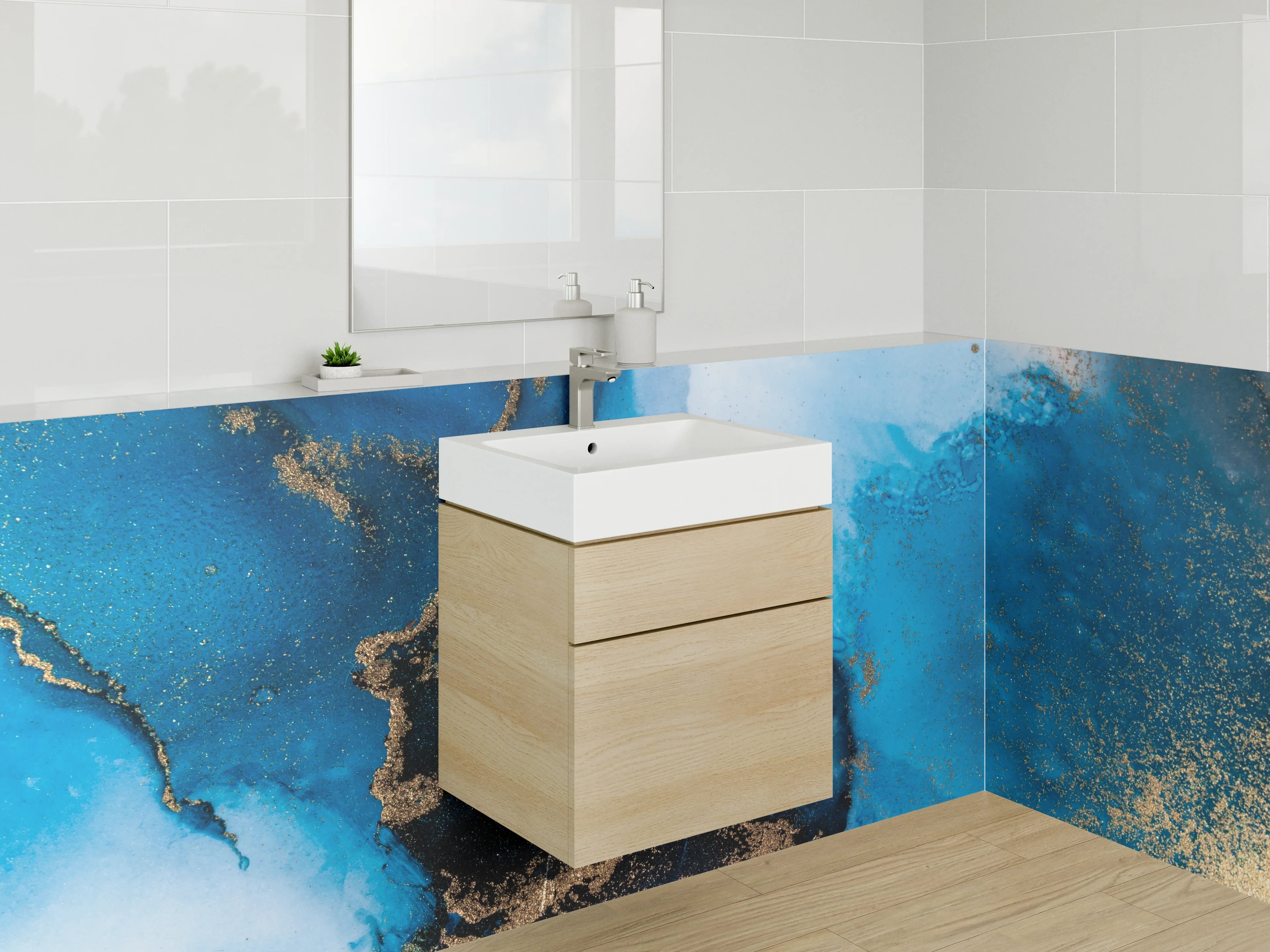 Waschbecken-Rückwand - Abstrakte Blautöne mit Gold-Akzenten