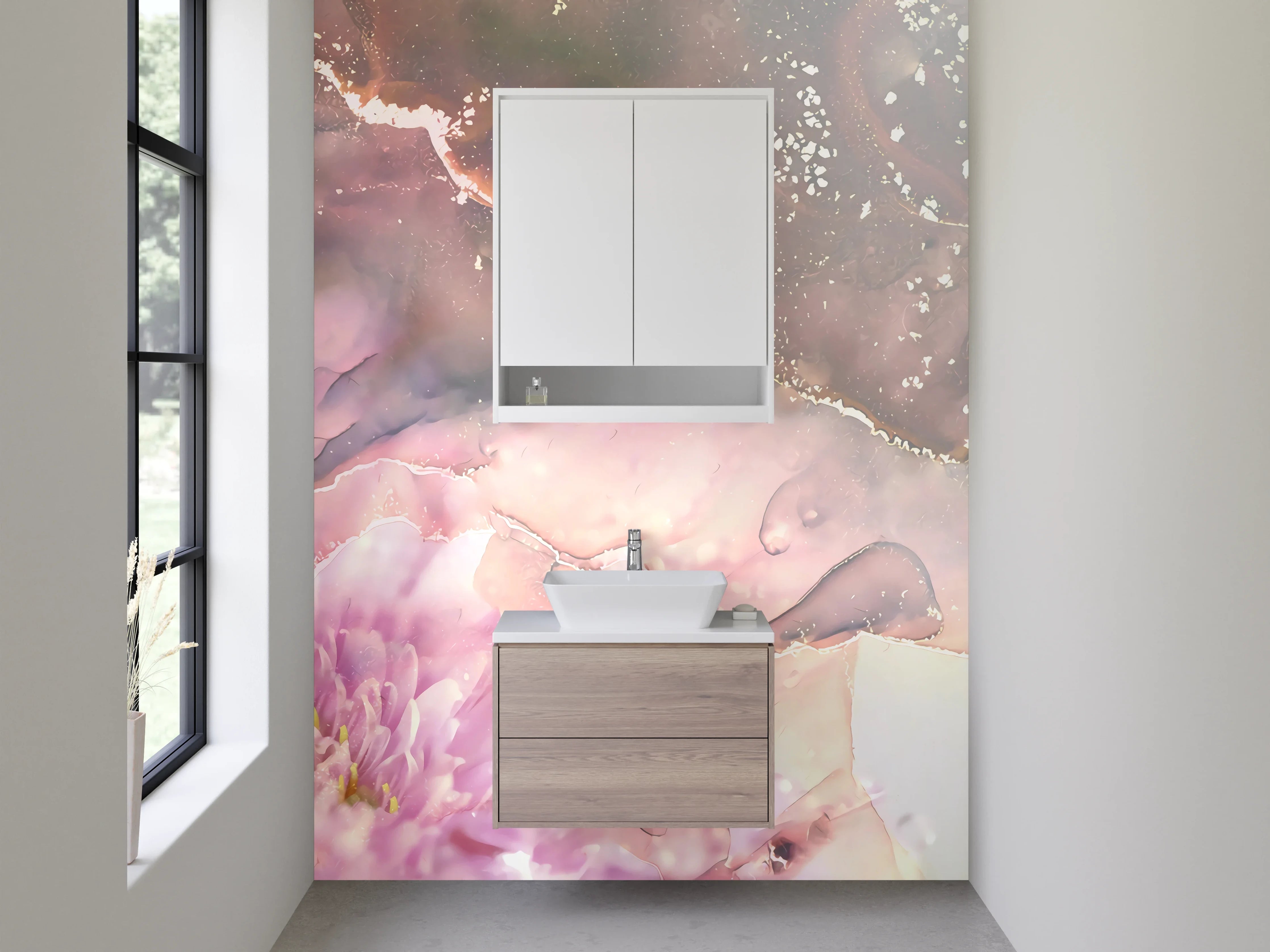 Waschbecken-Rückwand - Abstrakte Blüten in zarten Pastelltönen