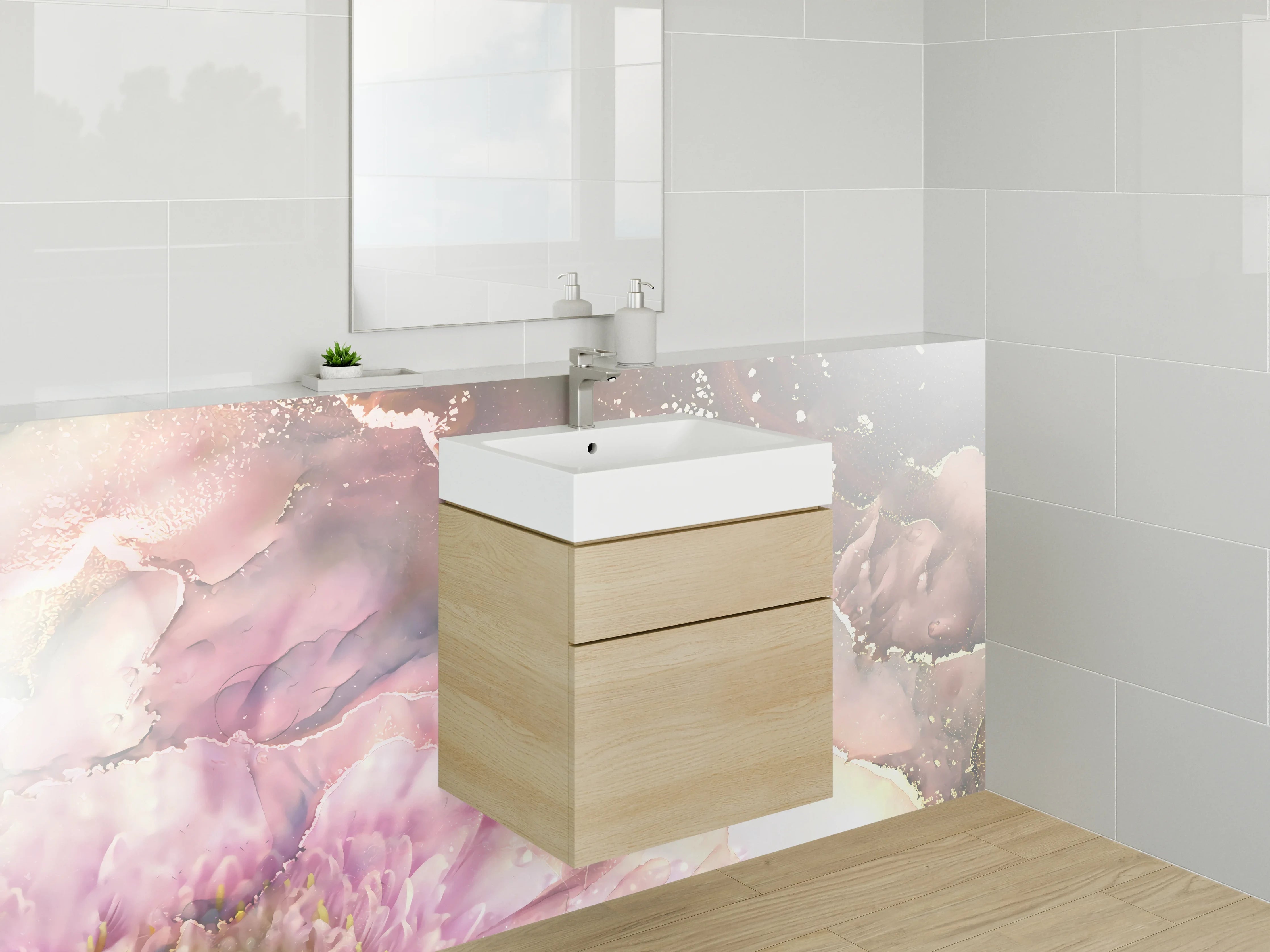 Waschbecken-Rückwand - Abstrakte Blüten in zarten Pastelltönen