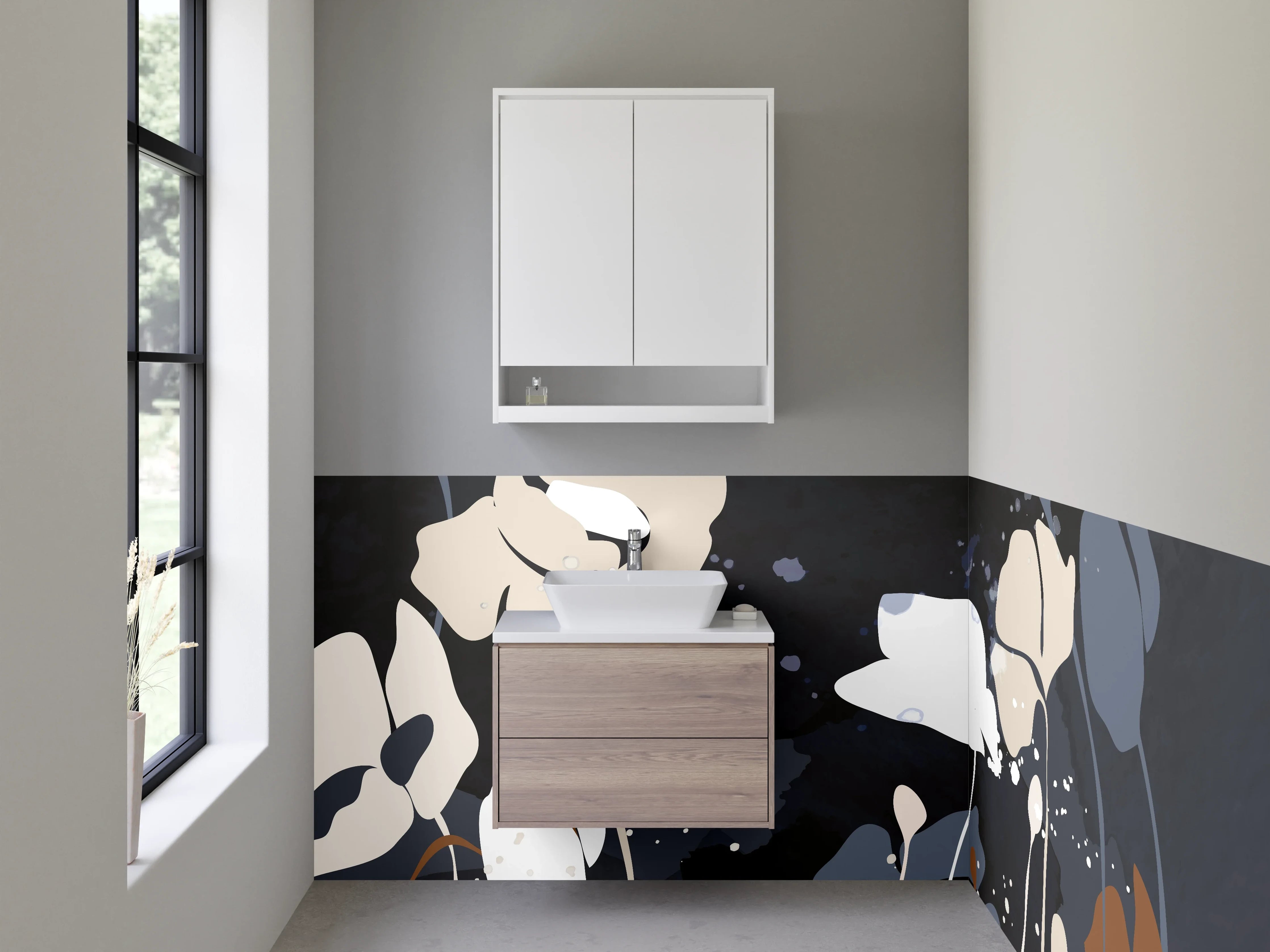 Waschbecken-Rückwand - Abstrakte Blumen in Beige und Grau