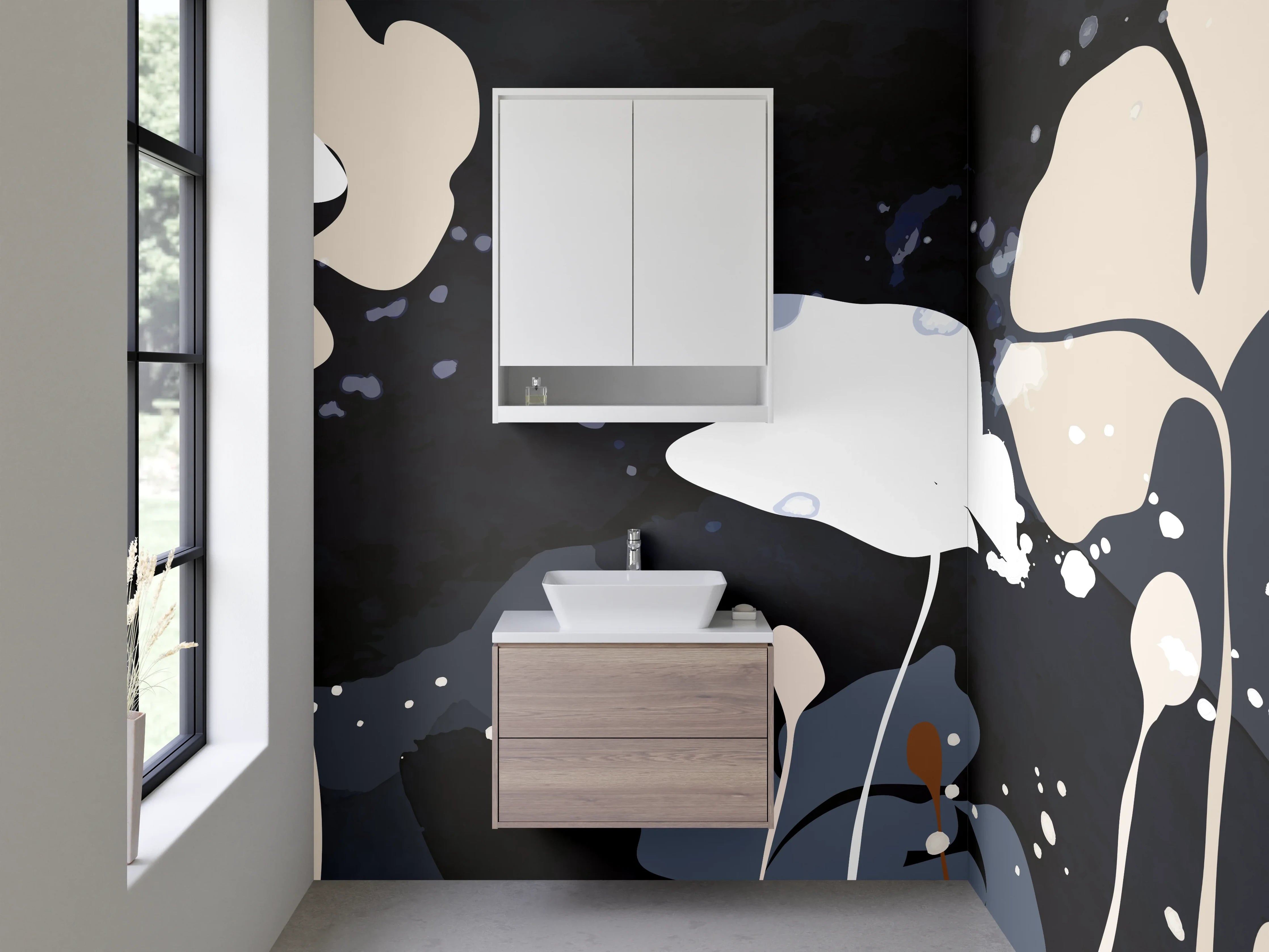 Waschbecken-Rückwand - Abstrakte Blumen in Beige und Grau