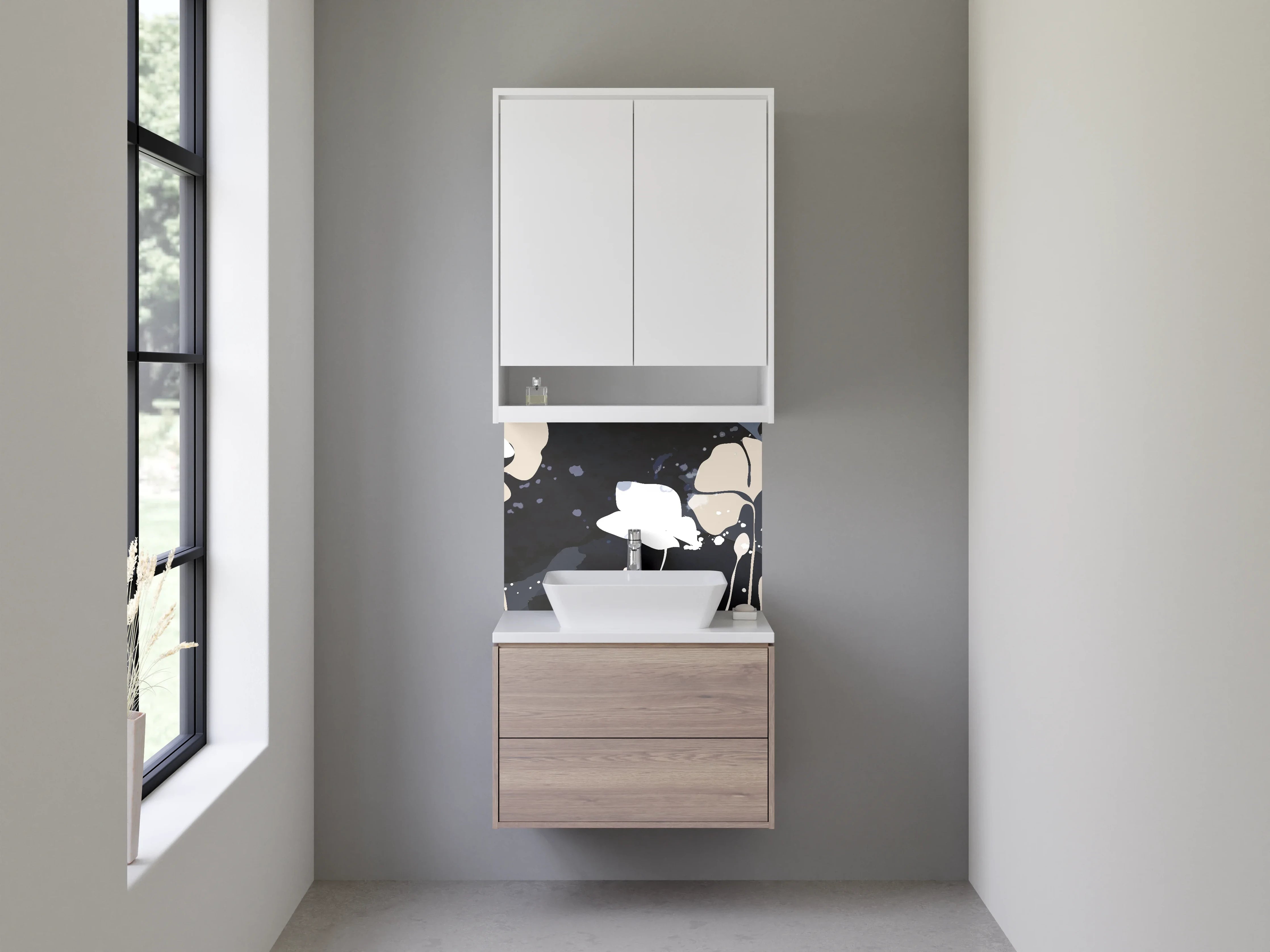 Waschbecken-Rückwand - Abstrakte Blumen in Beige und Grau