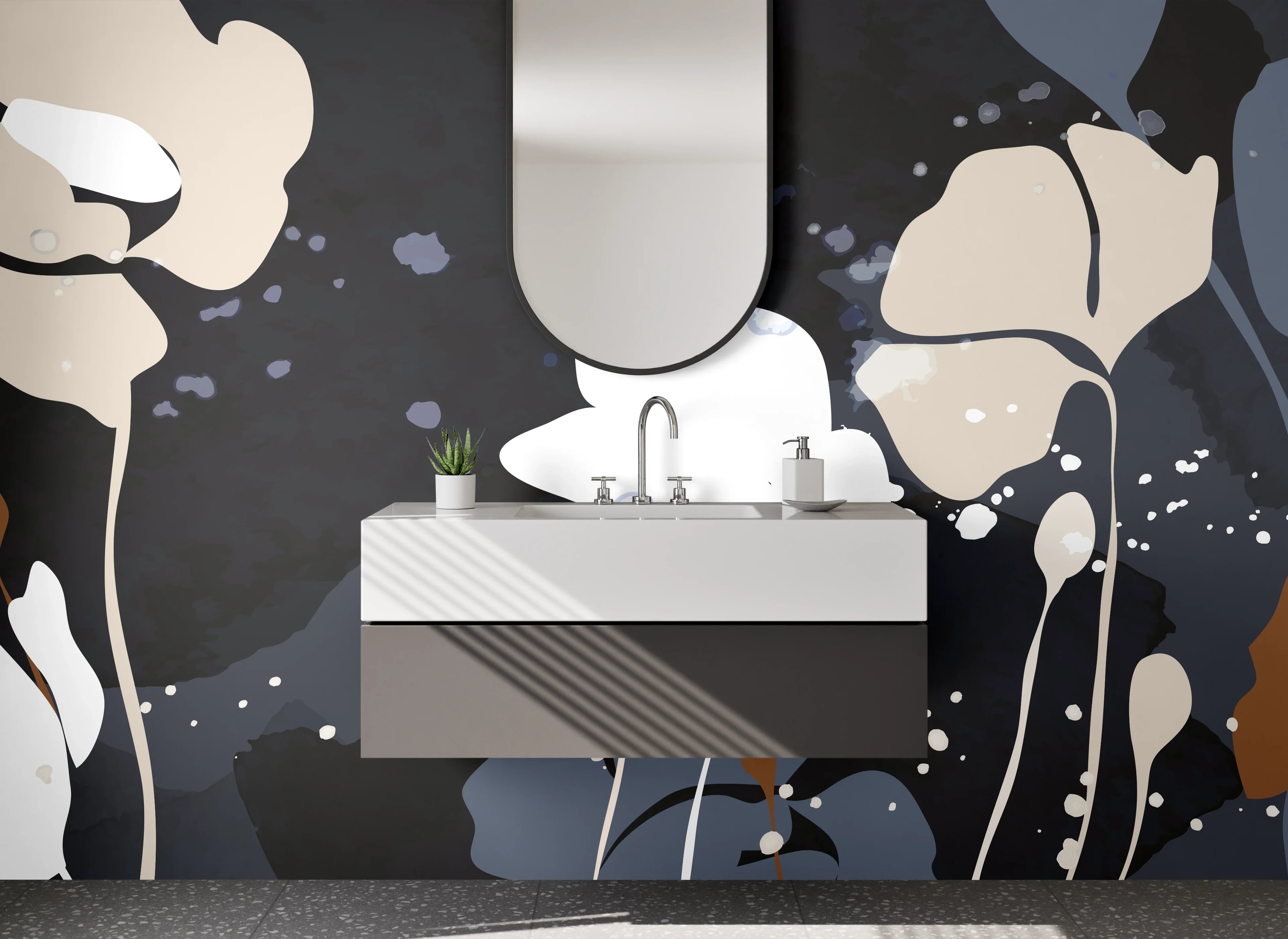 Waschbecken-Rückwand - Abstrakte Blumen in Beige und Grau