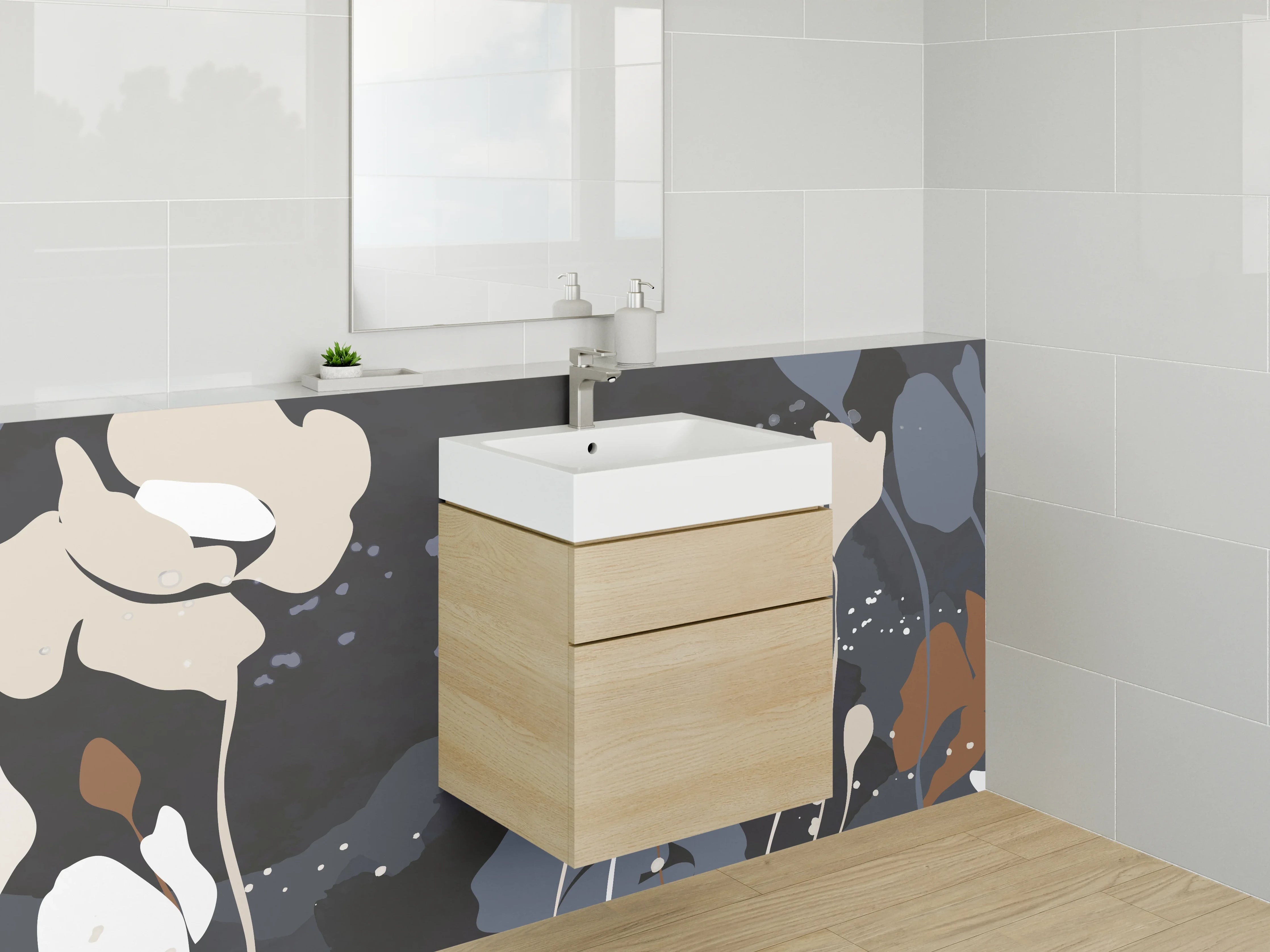 Waschbecken-Rückwand - Abstrakte Blumen in Beige und Grau