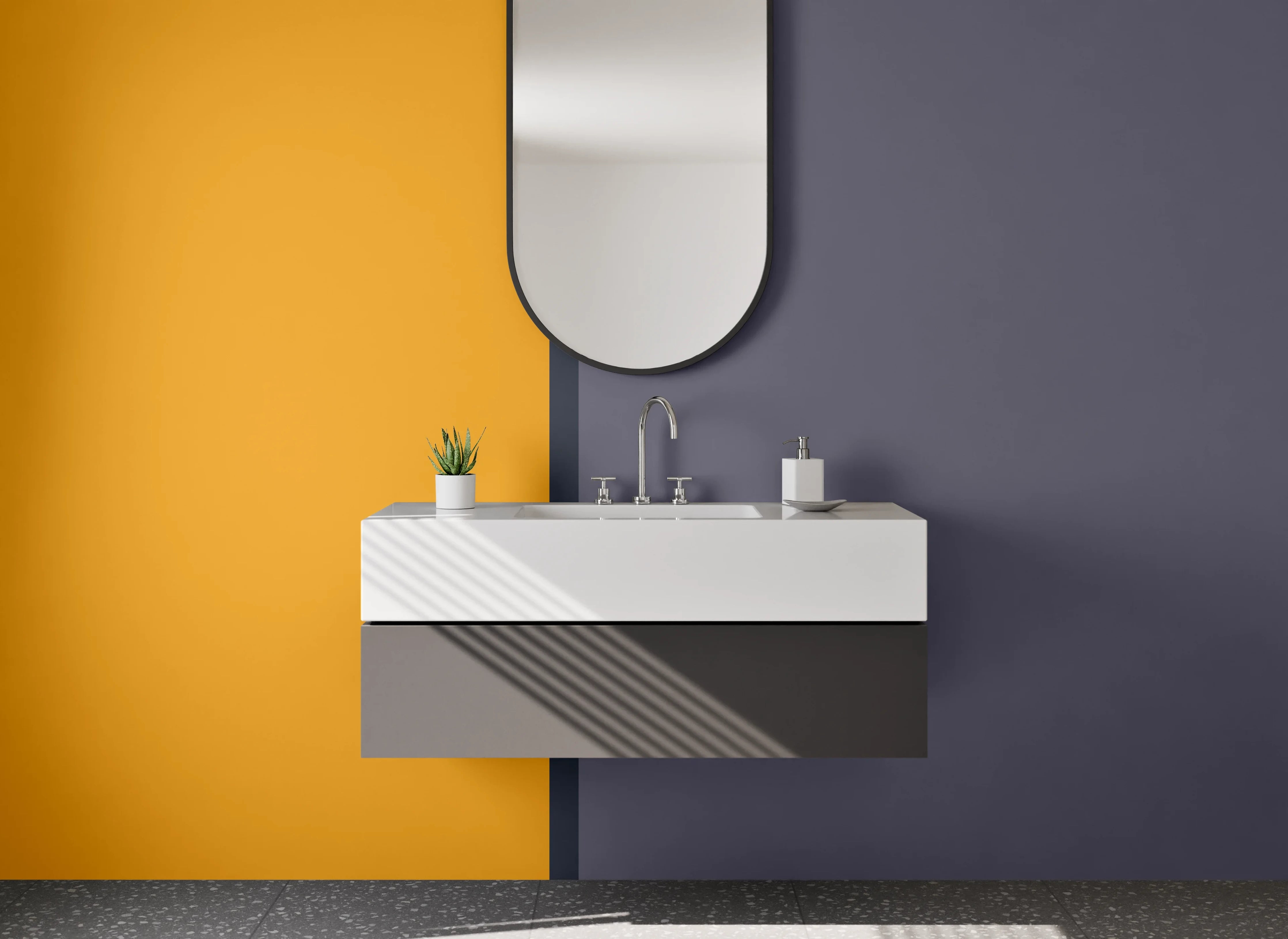 Waschbecken-Rückwand - Abstrakte Farbblockkunst in Grau und Ockergelb