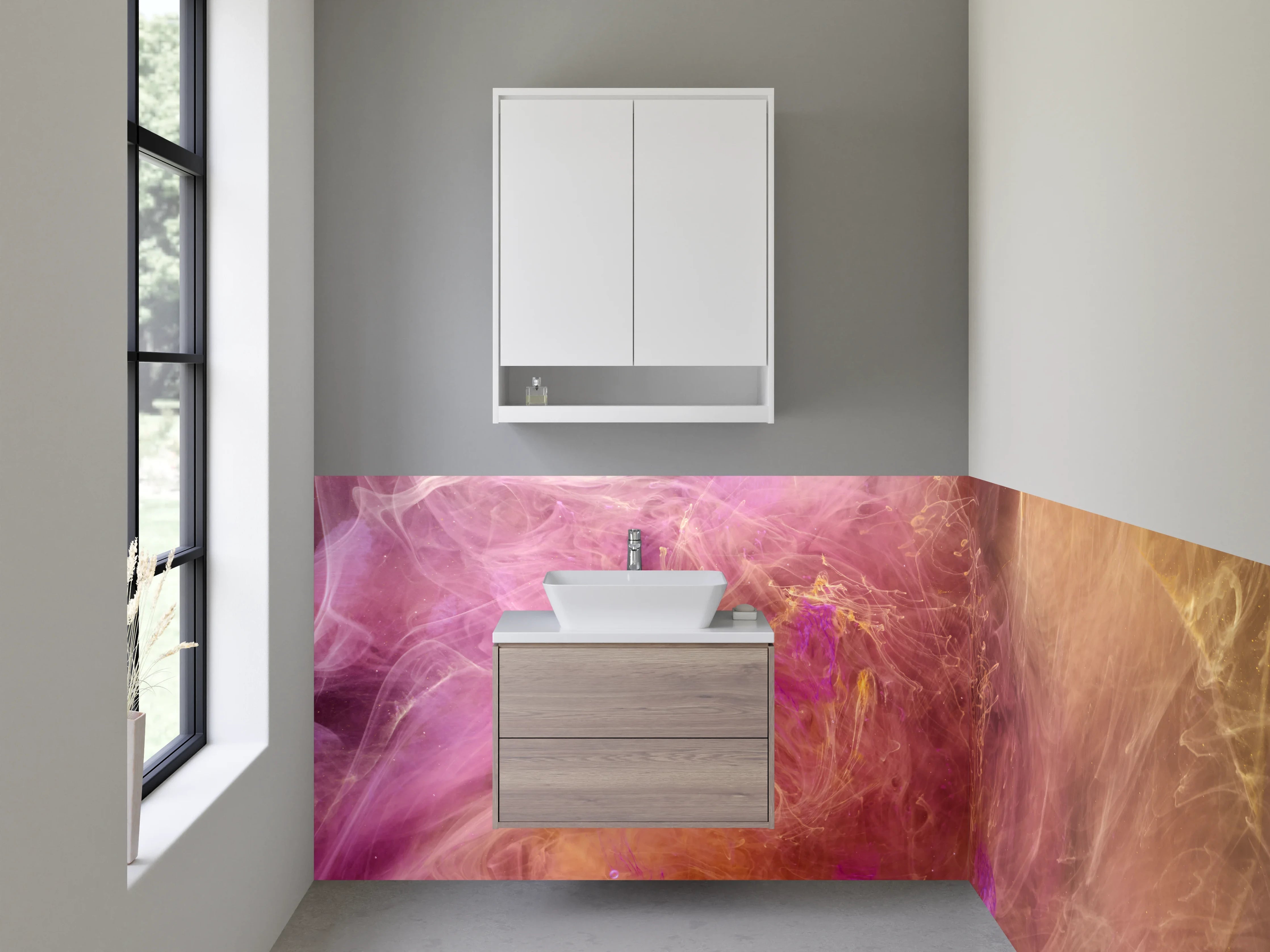 Waschbecken-Rückwand - Abstrakte Farbwolken Rosa Lila Gold