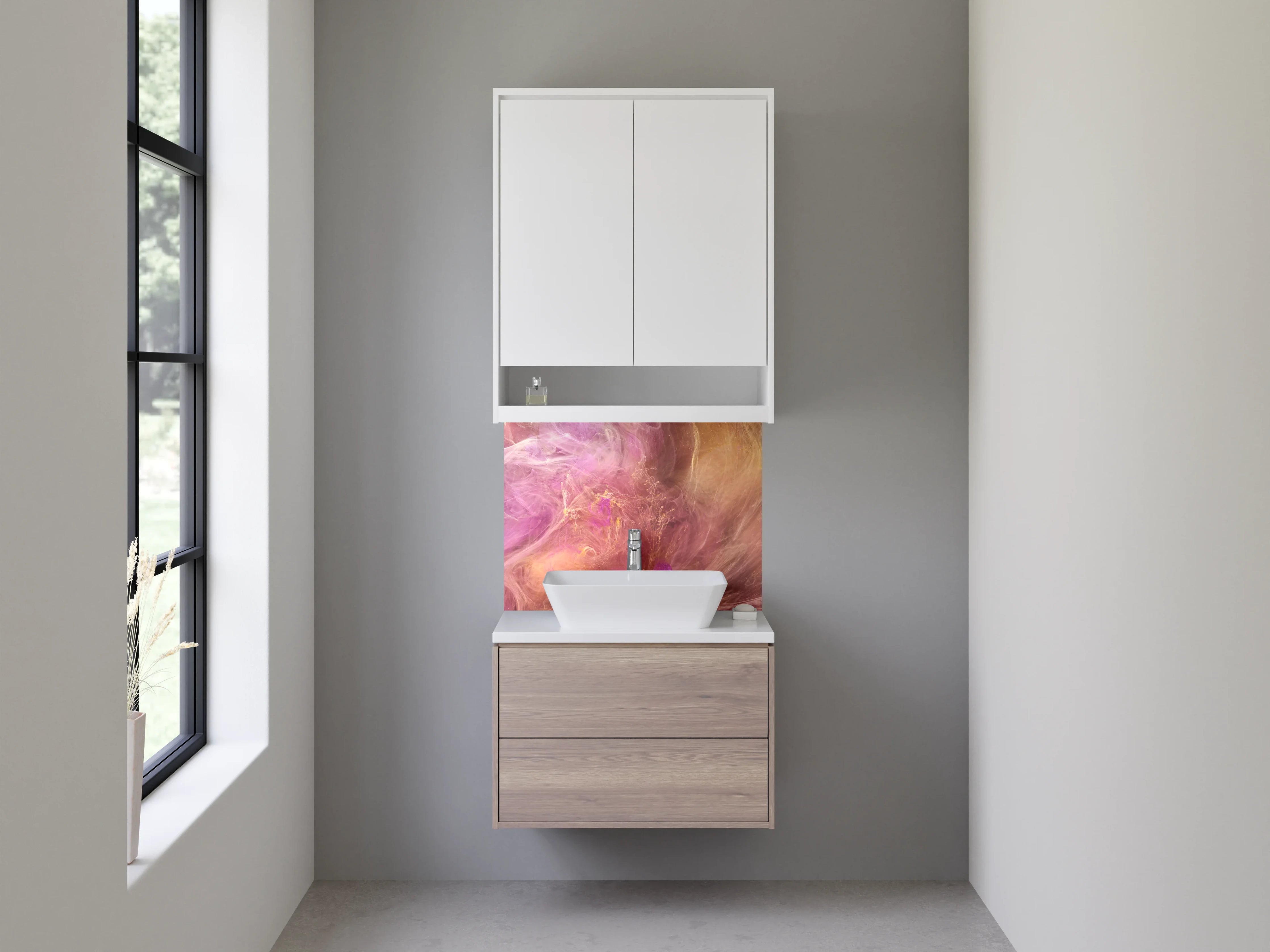 Waschbecken-Rückwand - Abstrakte Farbwolken Rosa Lila Gold