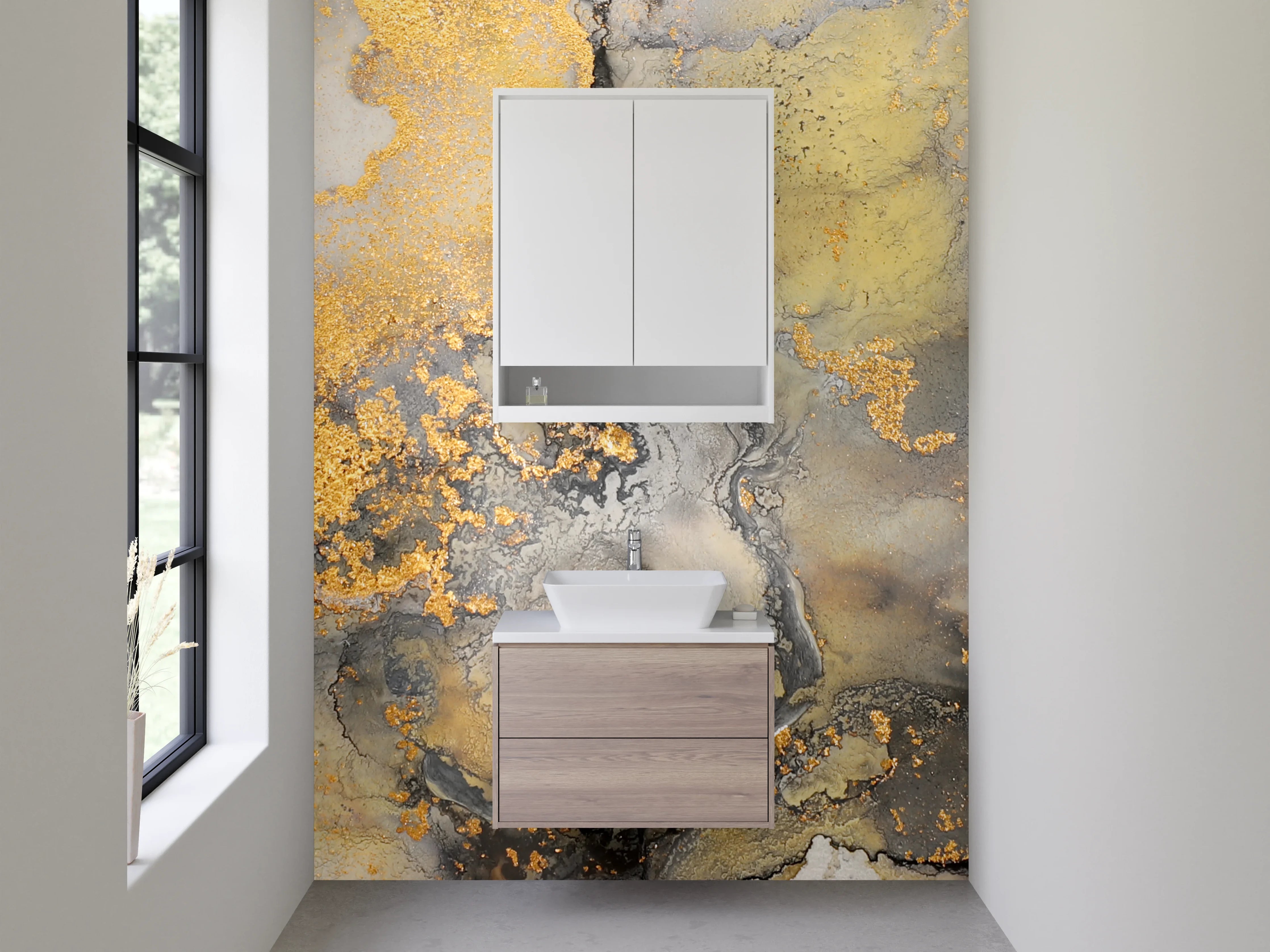 Waschbecken-Rückwand - Abstrakte Gold-Marmor-Optik Weiß Grau