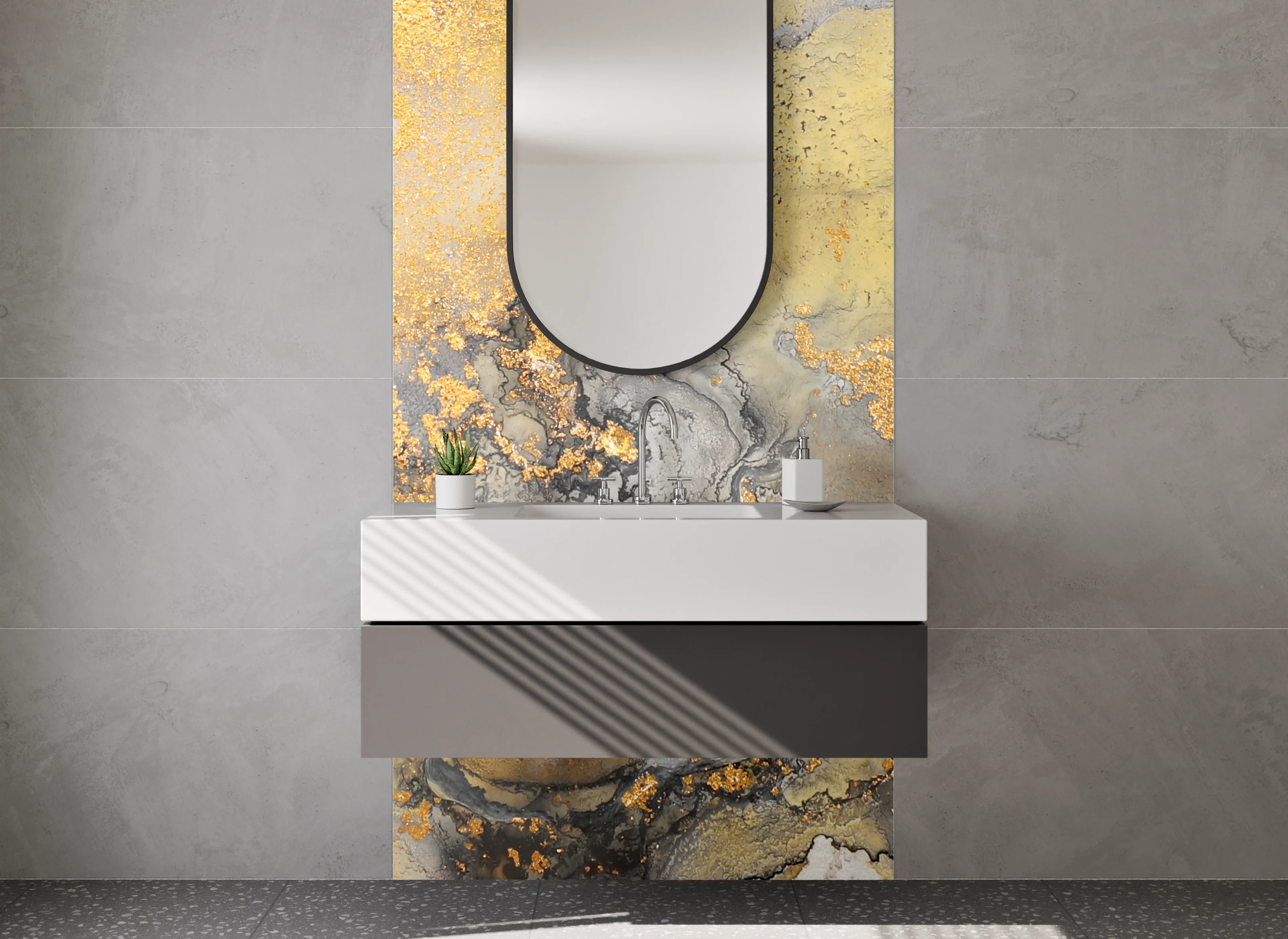 Waschbecken-Rückwand - Abstrakte Gold-Marmor-Optik Weiß Grau