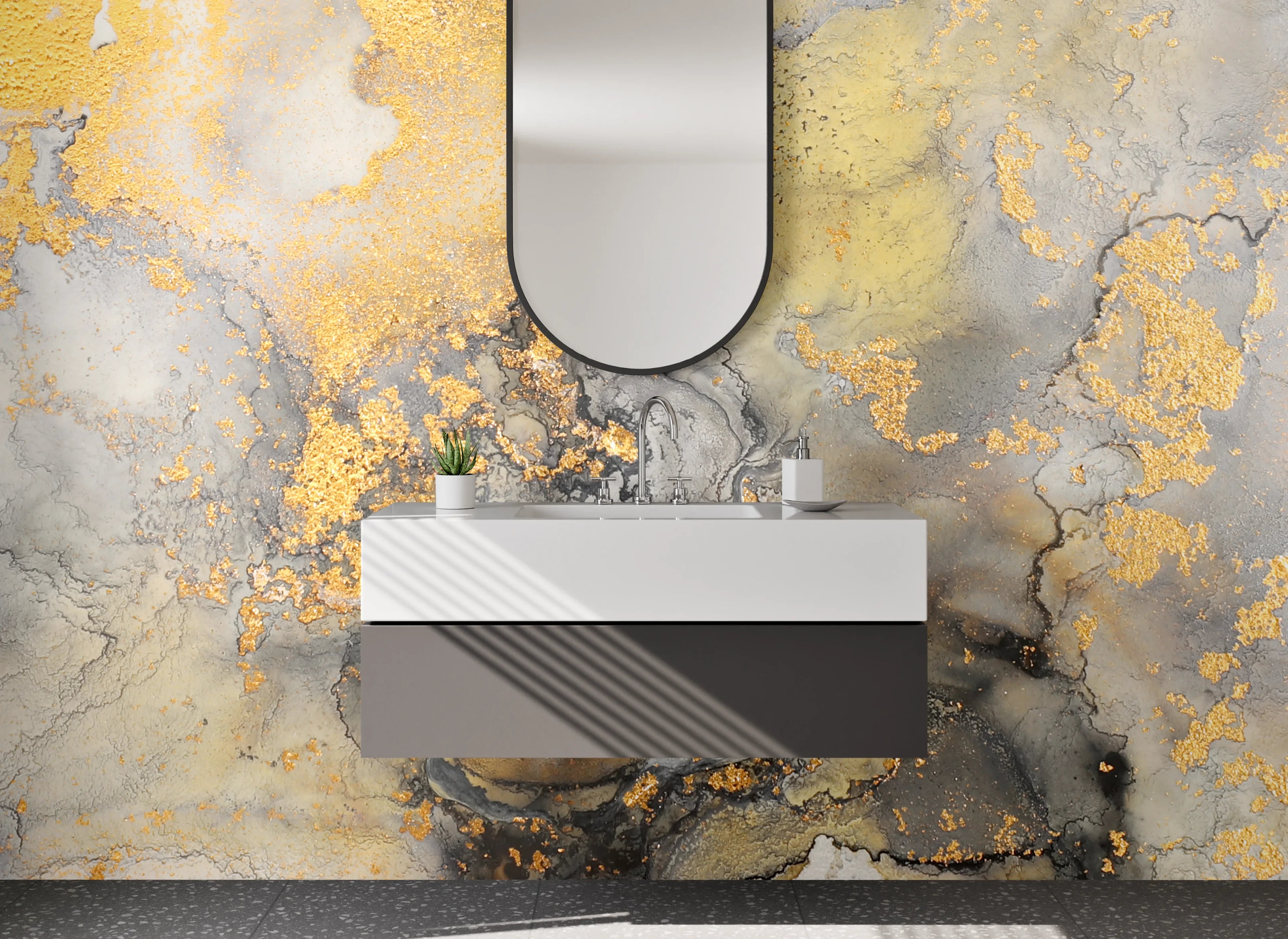 Waschbecken-Rückwand - Abstrakte Gold-Marmor-Optik Weiß Grau