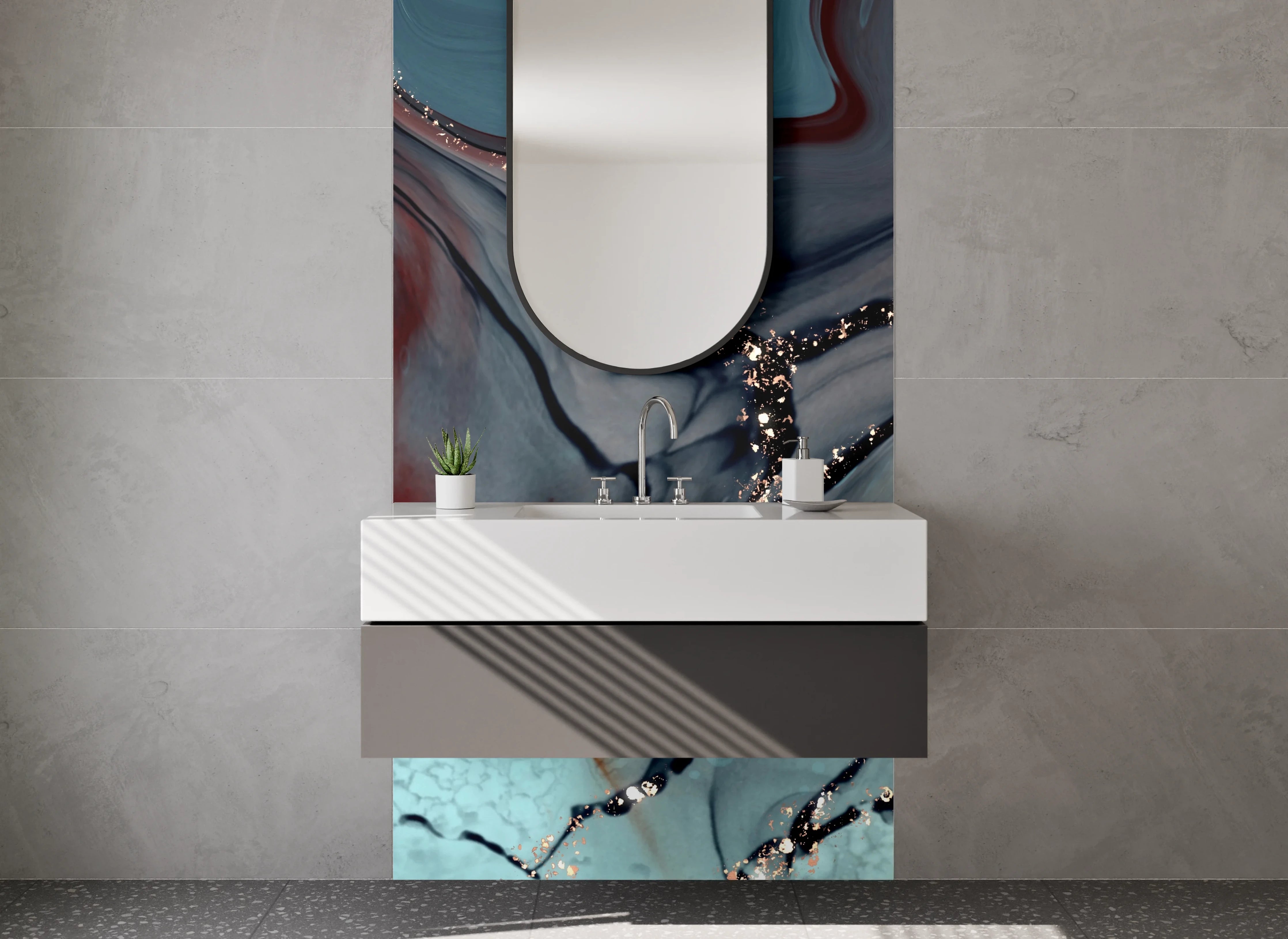 Waschbecken-Rückwand - Abstrakte Kunst Blau Metallic Gold