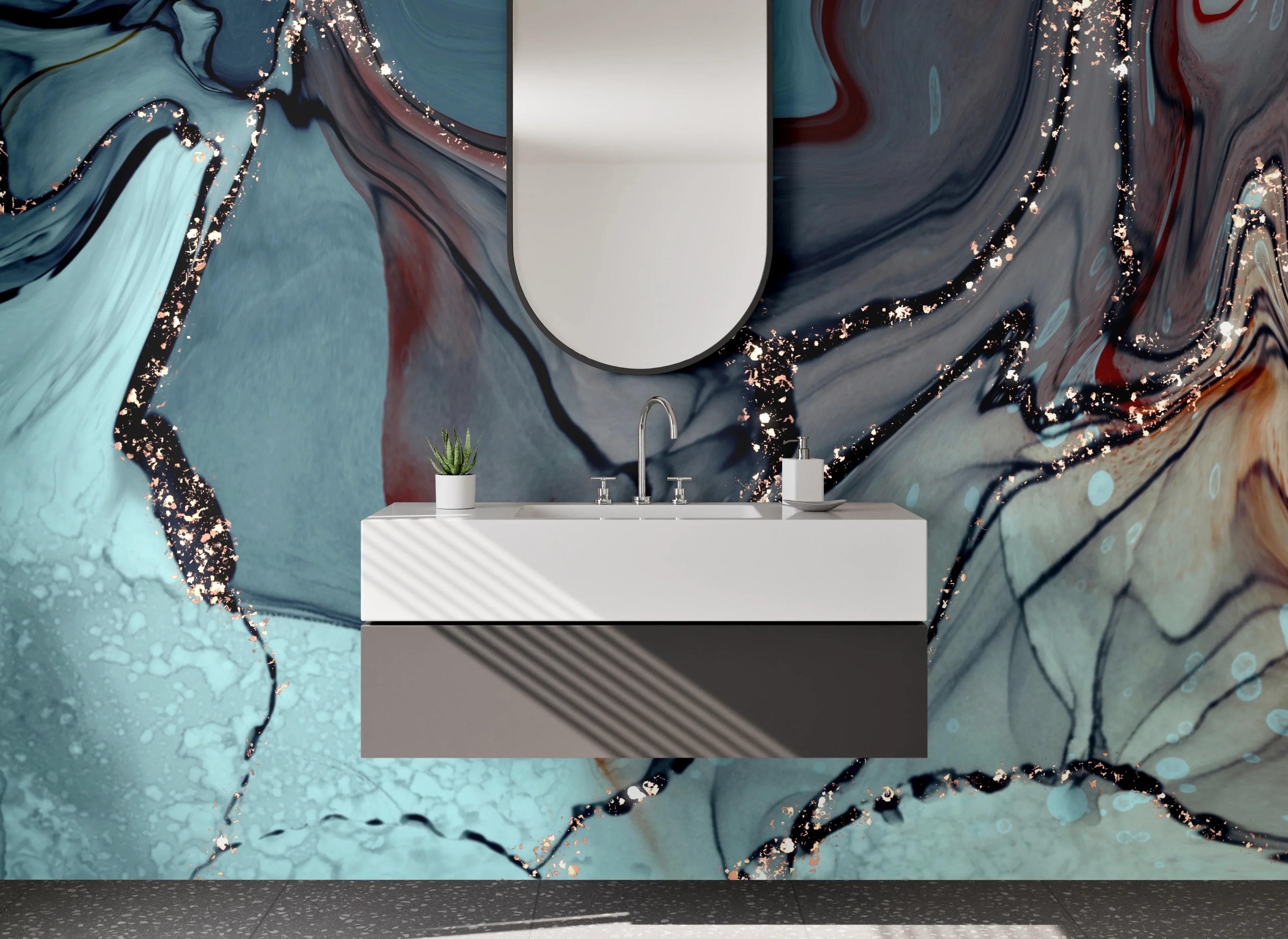 Waschbecken-Rückwand - Abstrakte Kunst Blau Metallic Gold