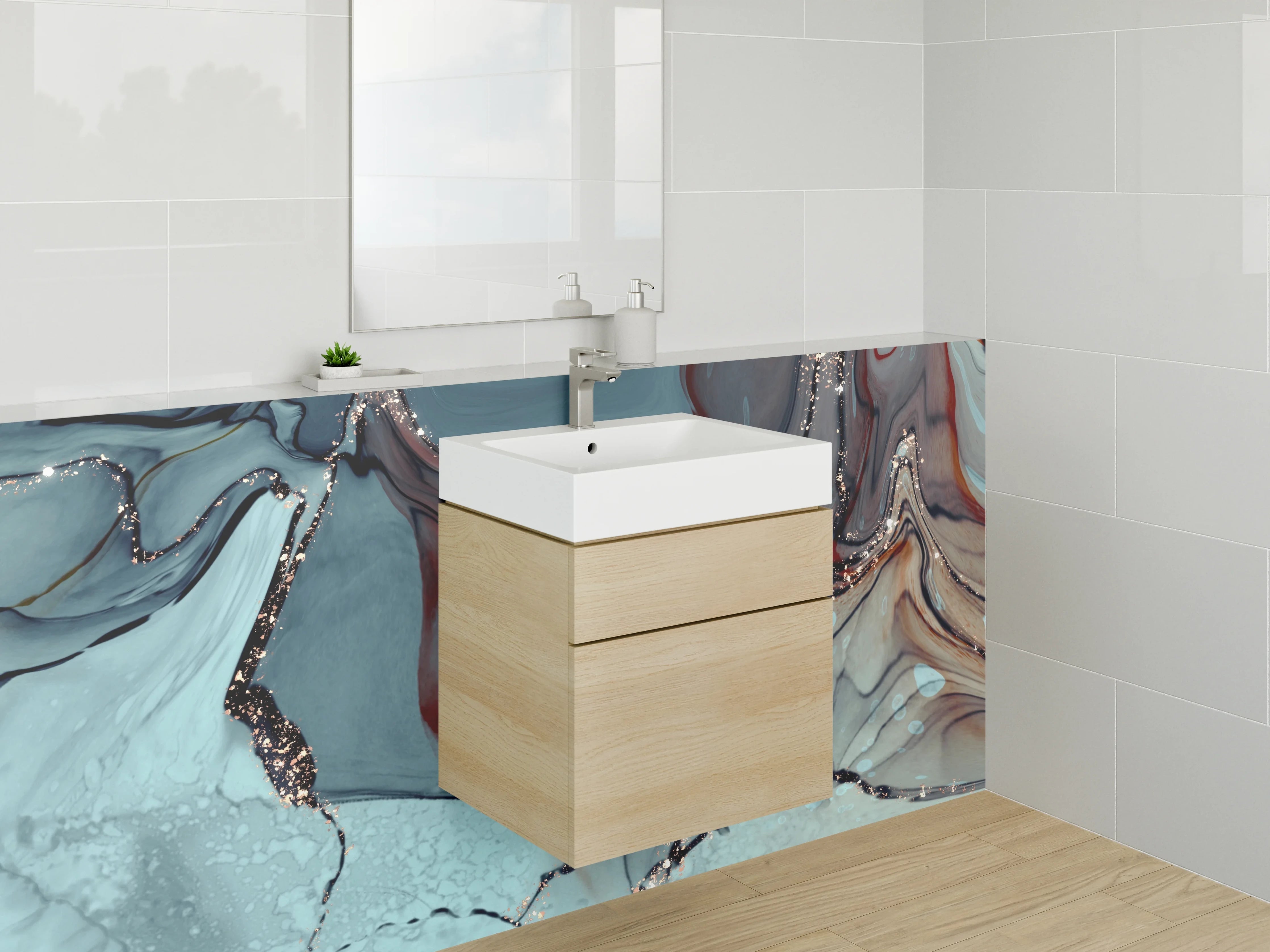 Waschbecken-Rückwand - Abstrakte Kunst Blau Metallic Gold