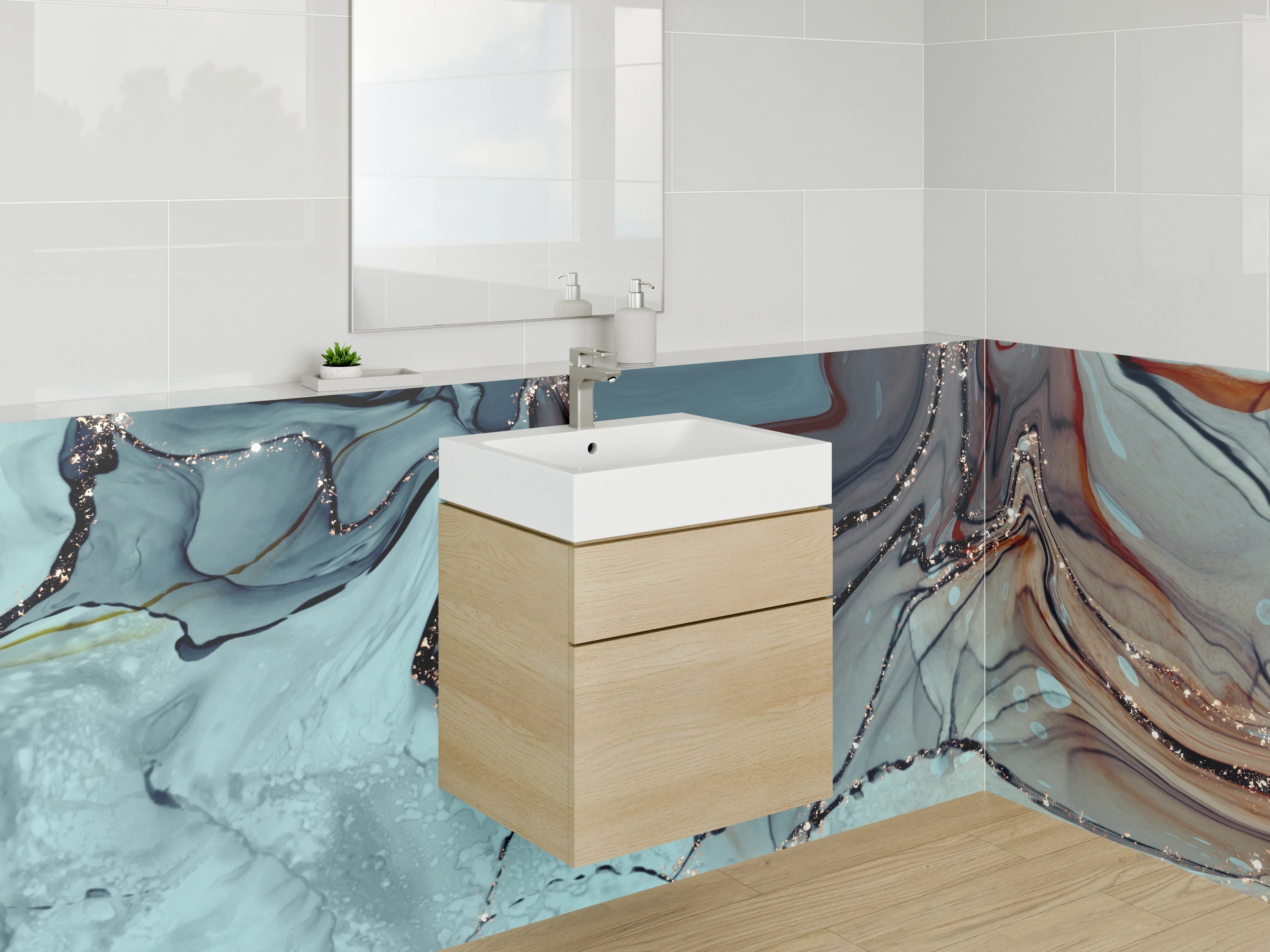 Waschbecken-Rückwand - Abstrakte Kunst Blau Metallic Gold