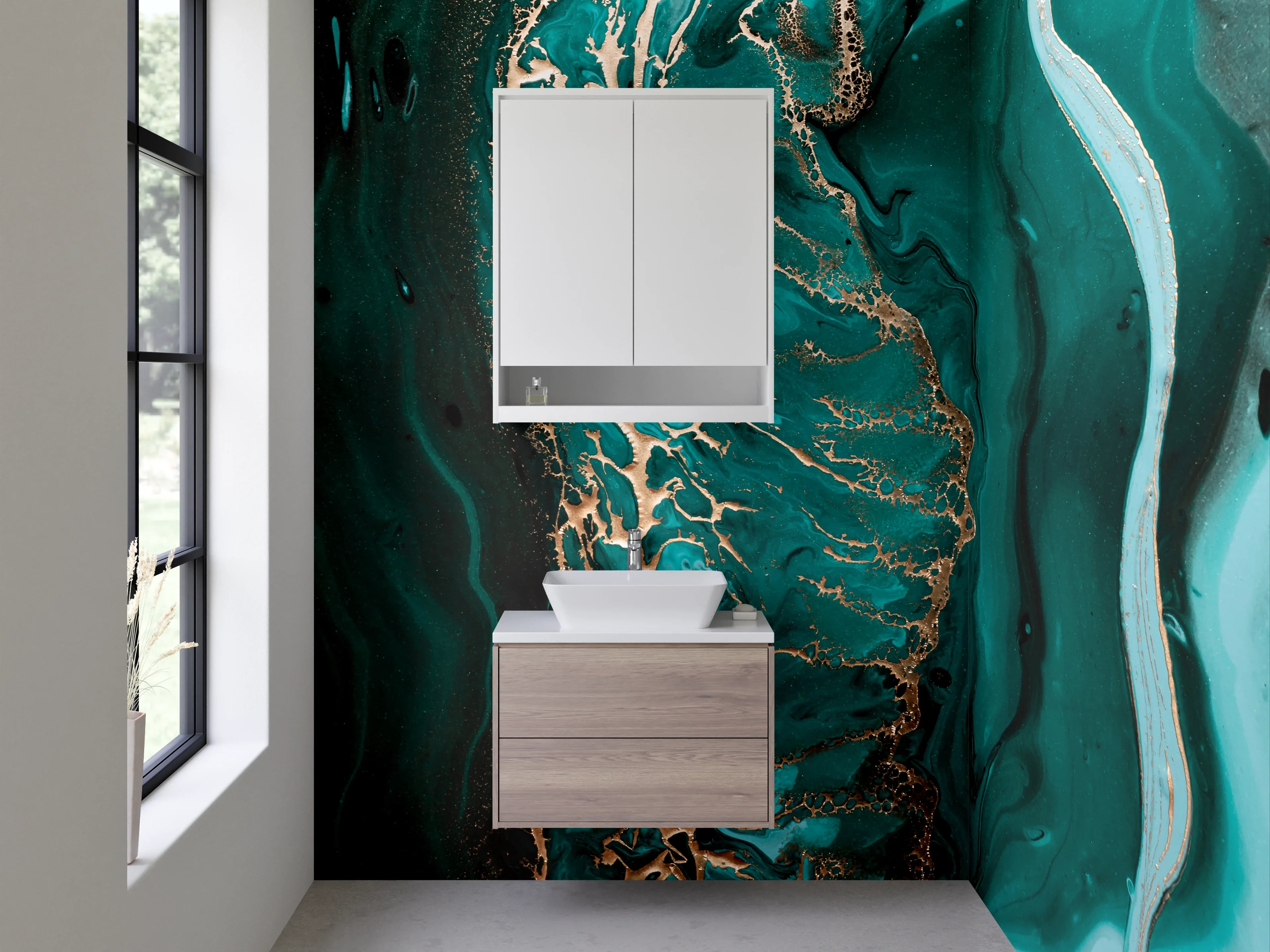 Waschbecken-Rückwand - Abstrakte Kunst Türkis Gold Marmor