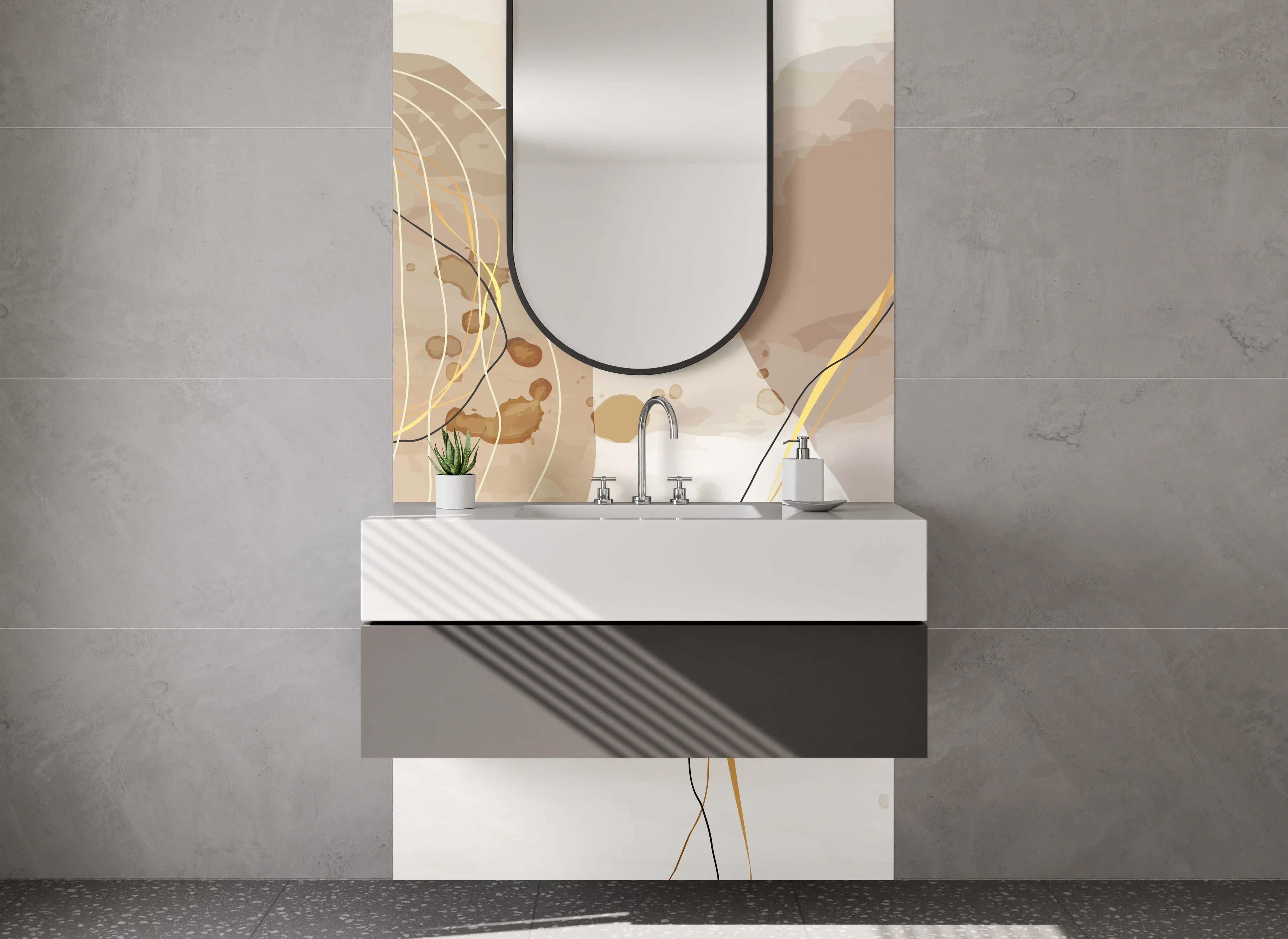 Waschbecken-Rückwand - Abstrakte Kunst in Beige und Braun