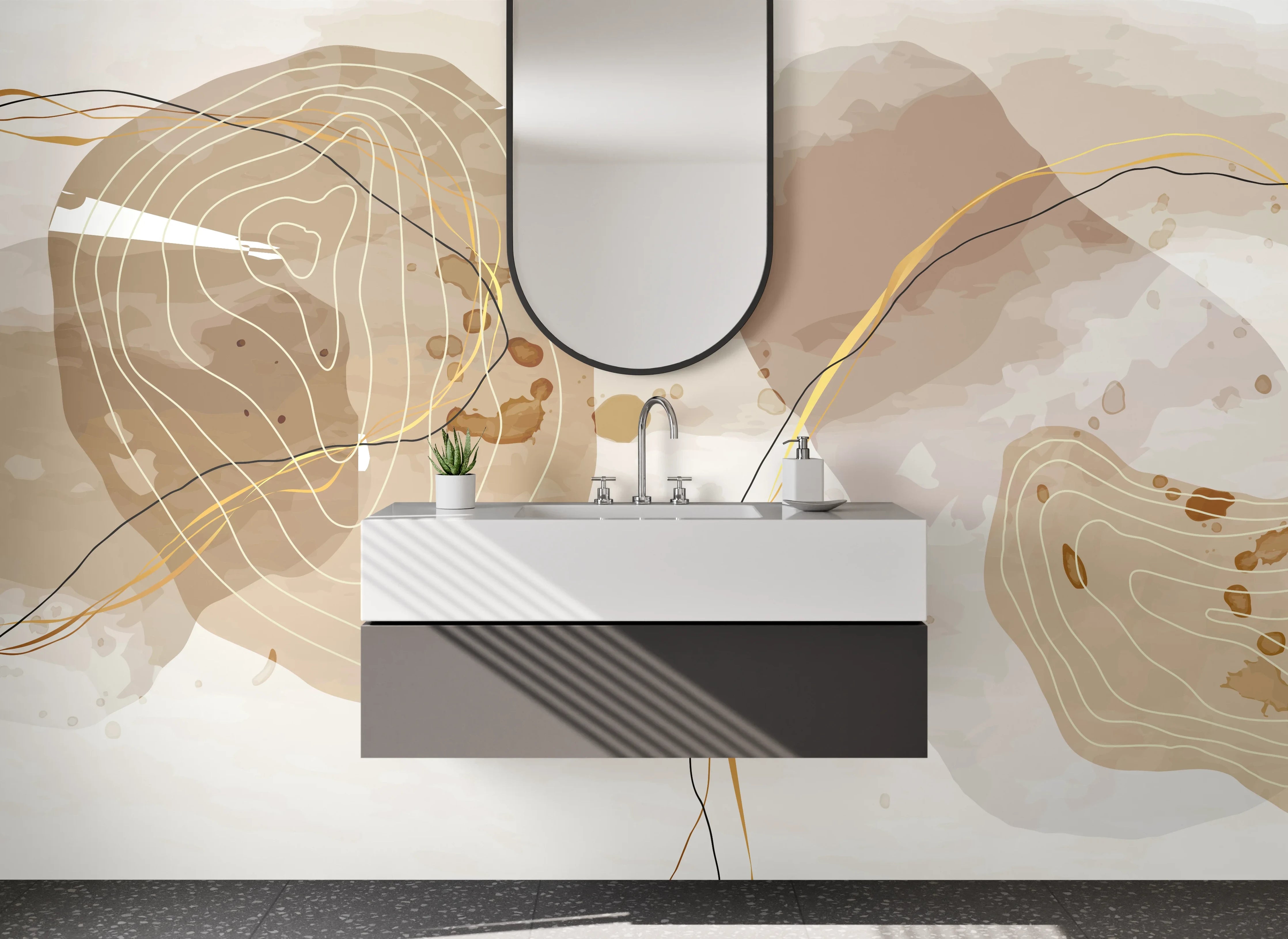 Waschbecken-Rückwand - Abstrakte Kunst in Beige und Braun