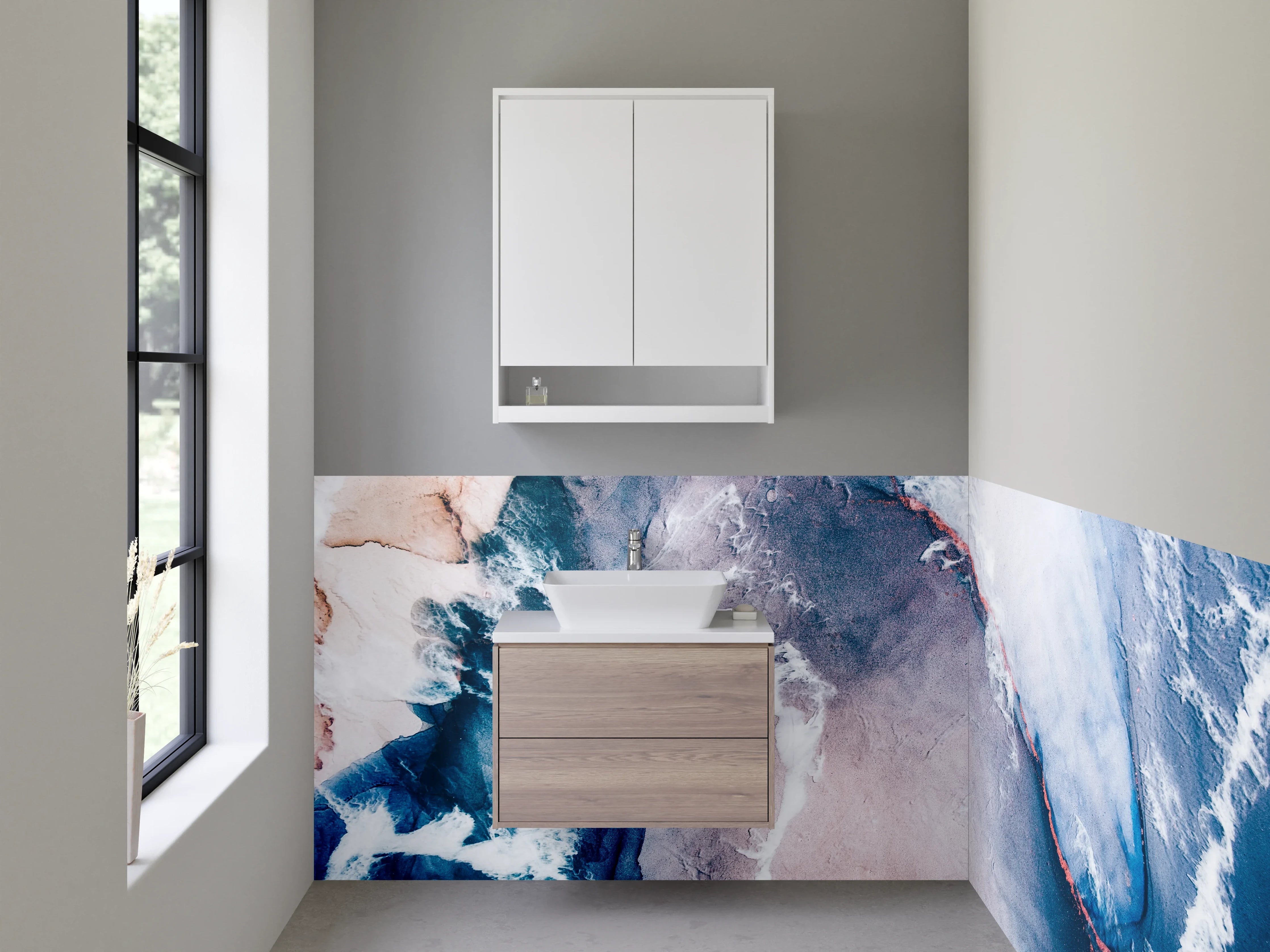 Waschbecken-Rückwand - Abstrakte Kunst in Blau und Weiß