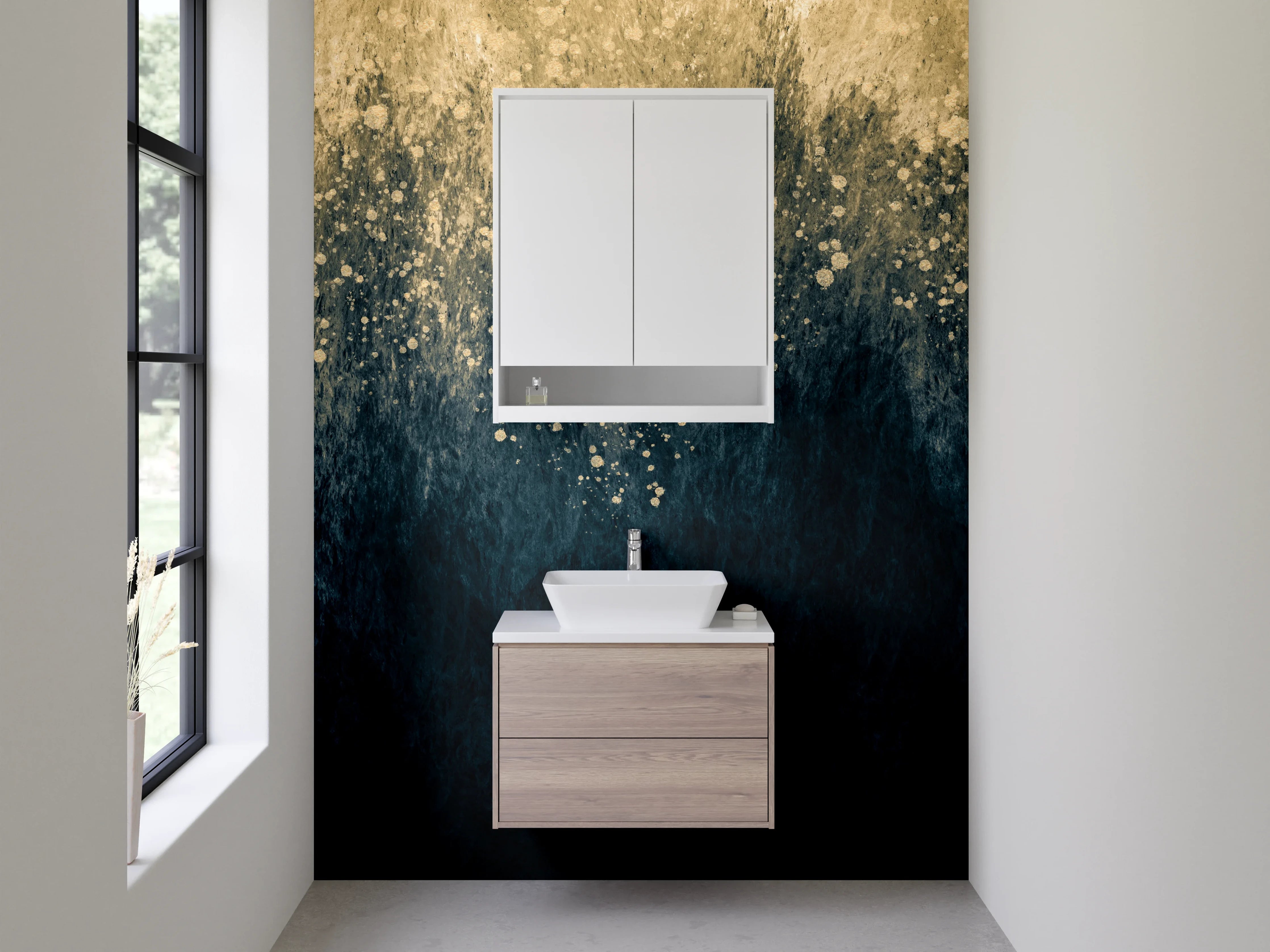 Waschbecken-Rückwand - Abstrakte Kunst in Gold und Blau