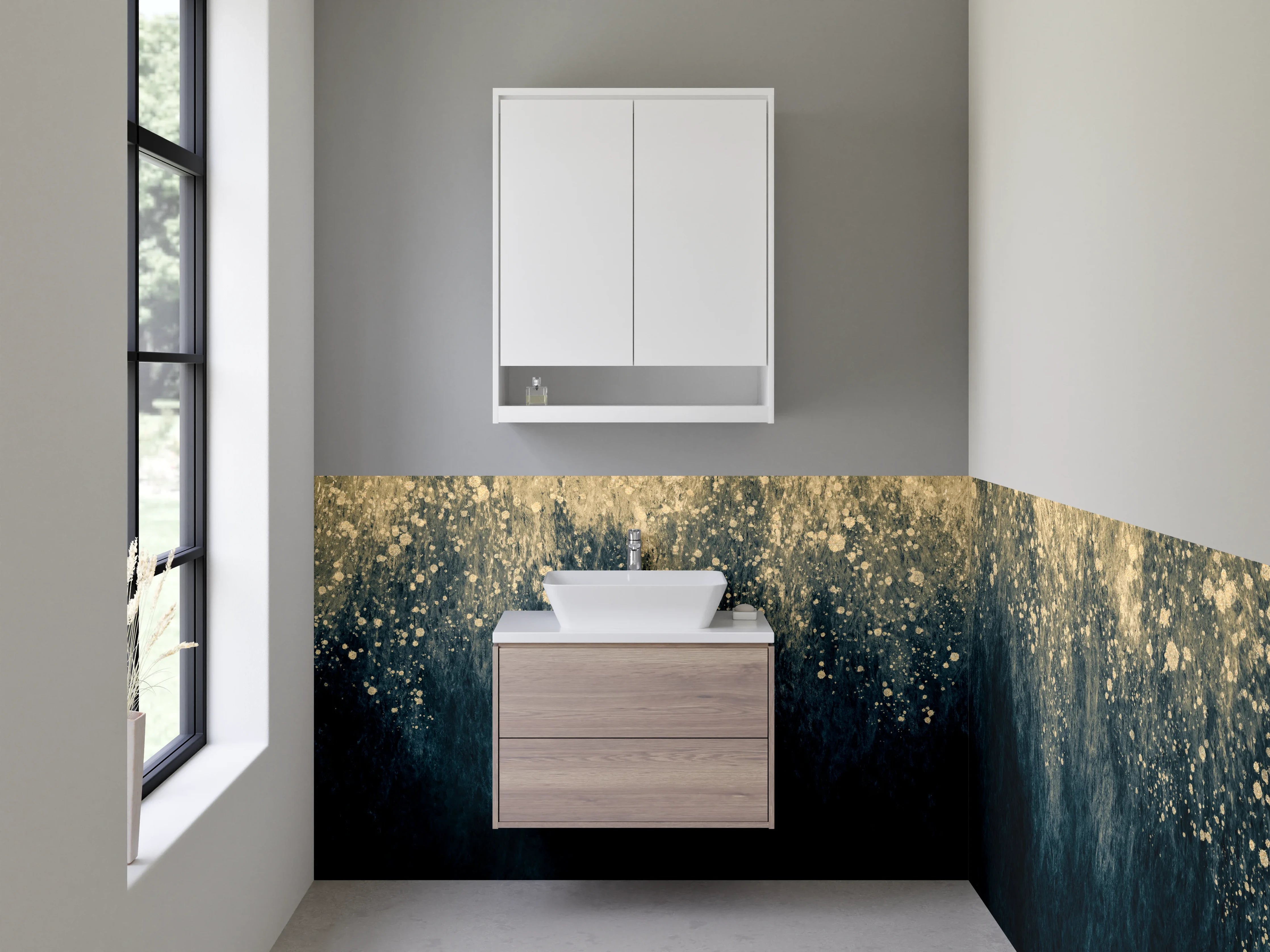 Waschbecken-Rückwand - Abstrakte Kunst in Gold und Blau