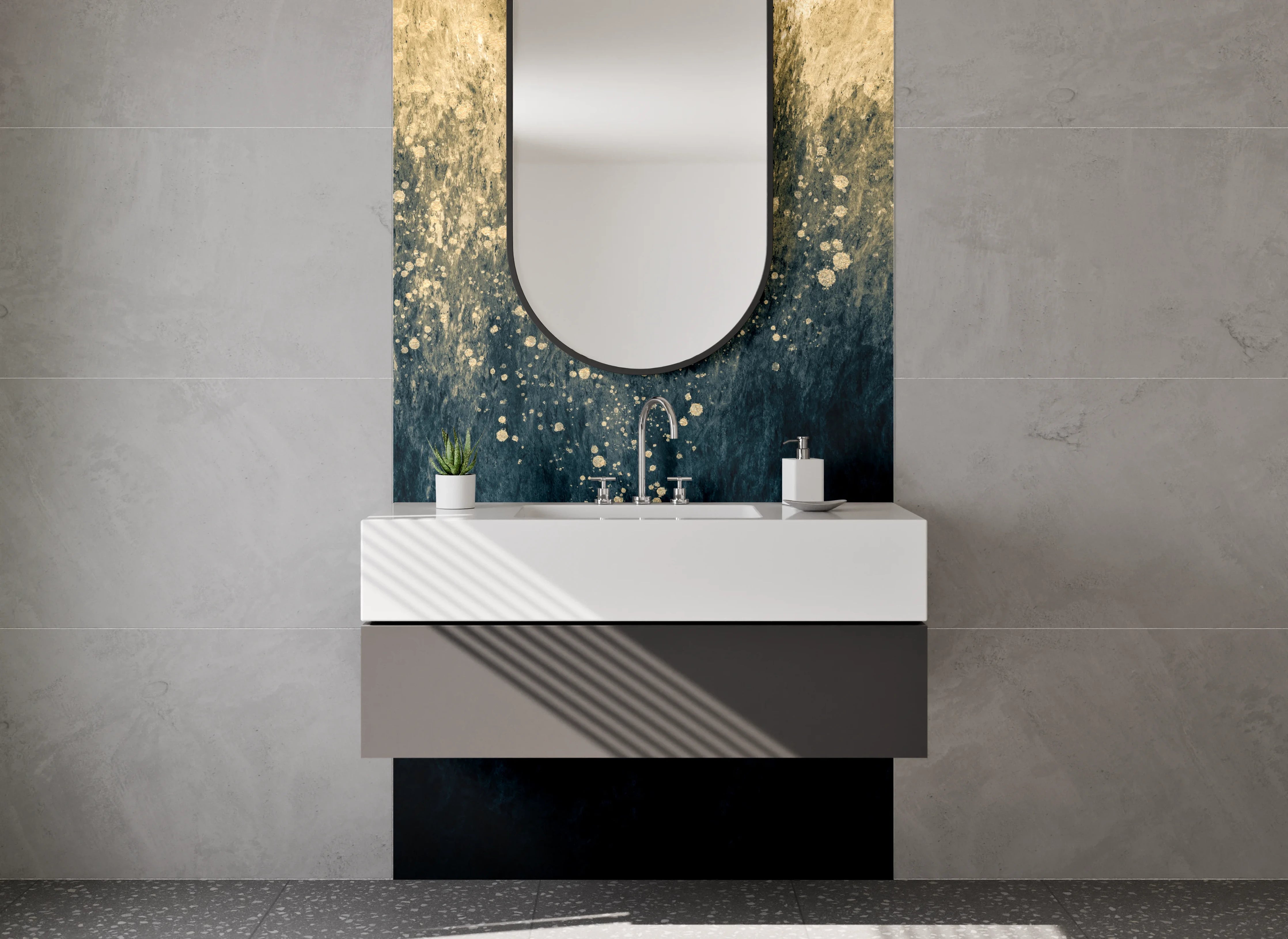 Waschbecken-Rückwand - Abstrakte Kunst in Gold und Blau