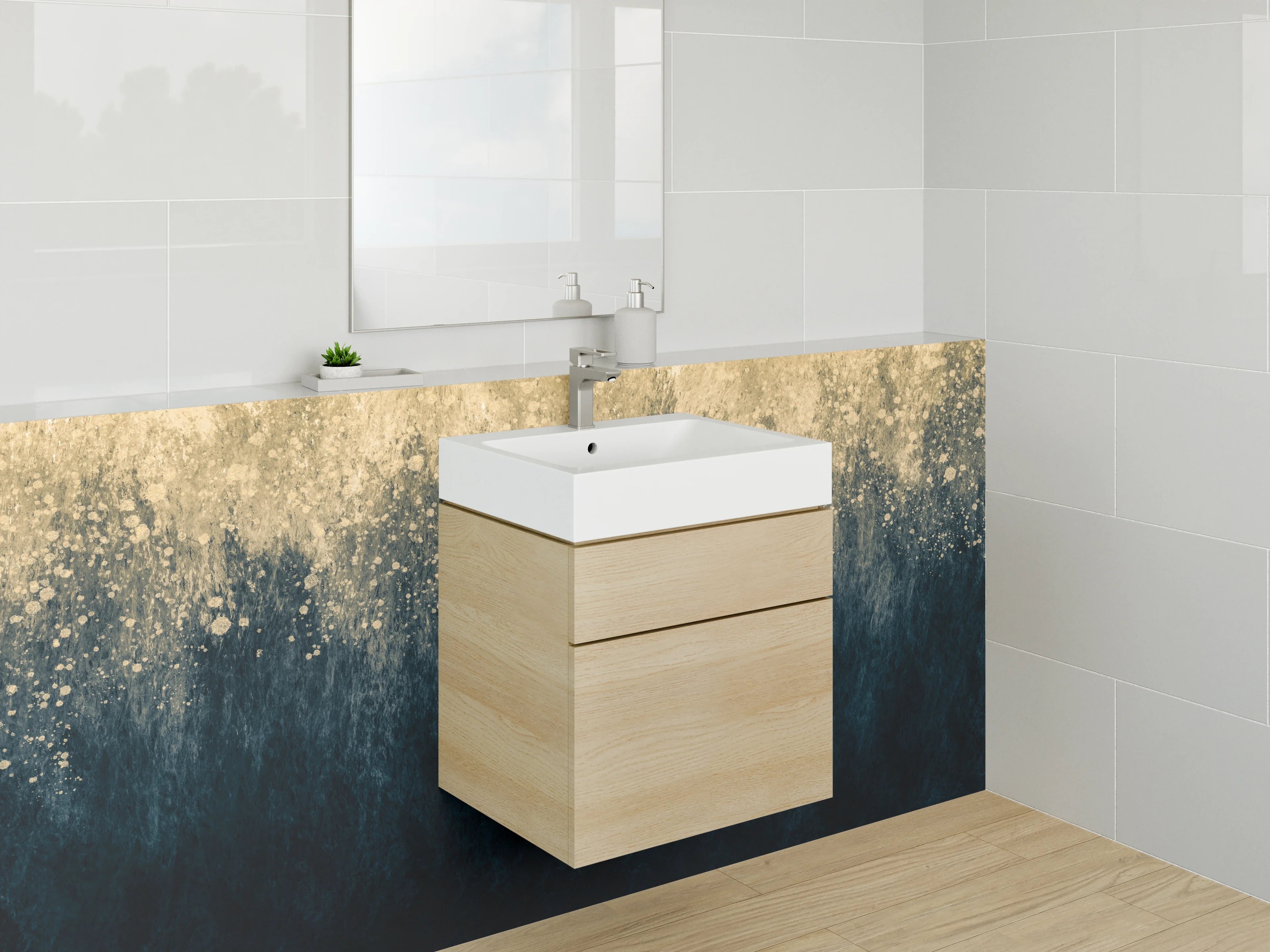 Waschbecken-Rückwand - Abstrakte Kunst in Gold und Blau