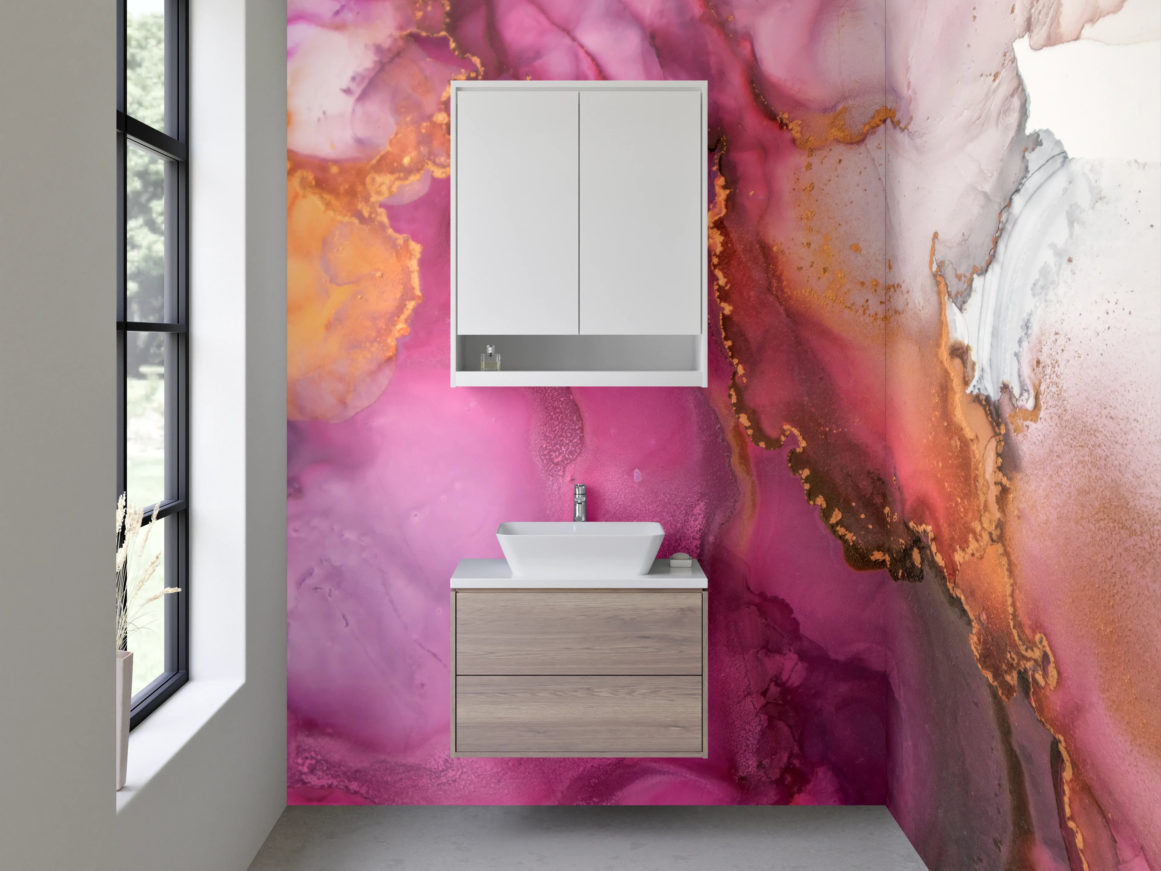 Waschbecken-Rückwand - Abstrakte Kunst in Pink und Gold