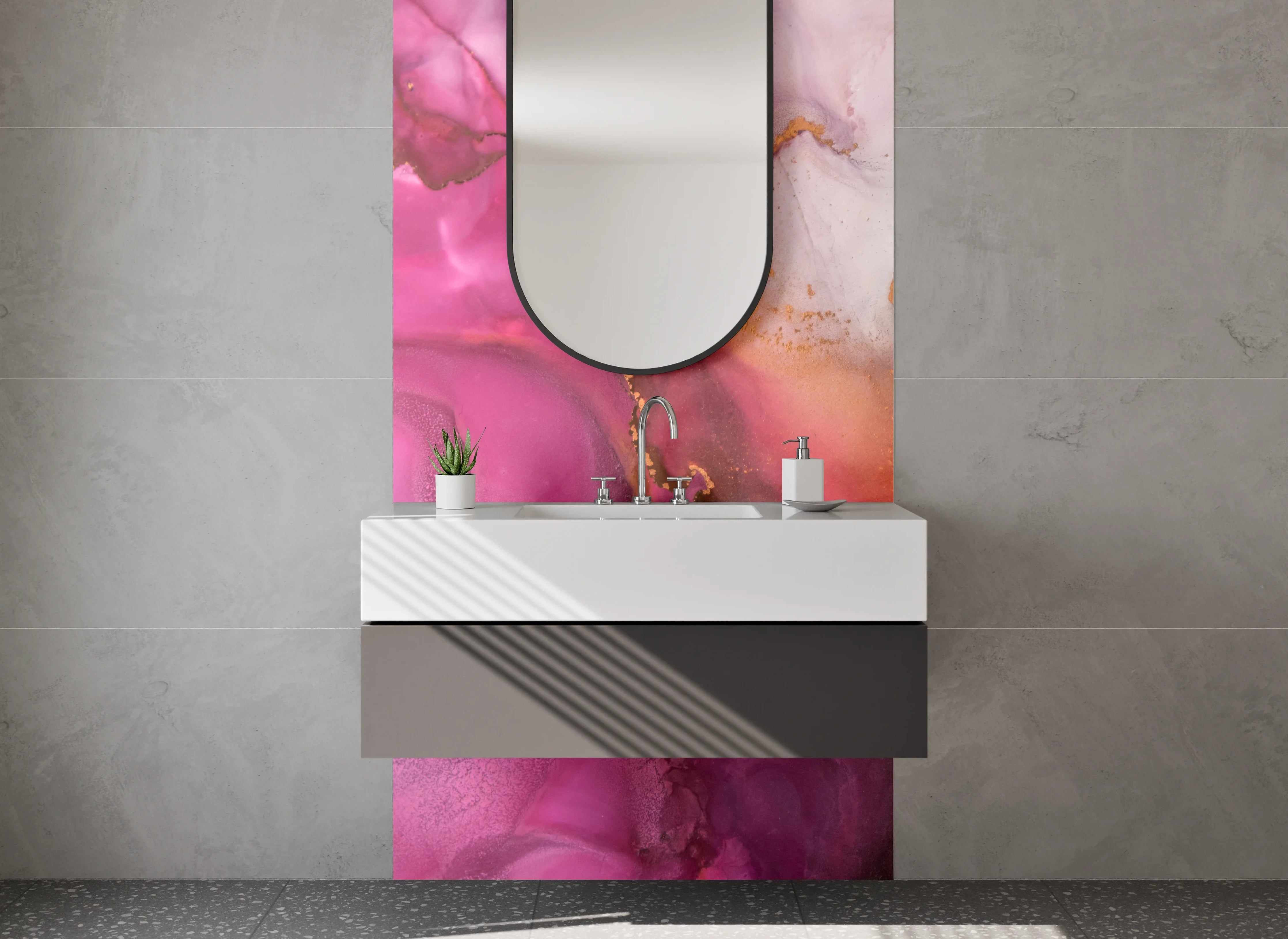 Waschbecken-Rückwand - Abstrakte Kunst in Pink und Gold