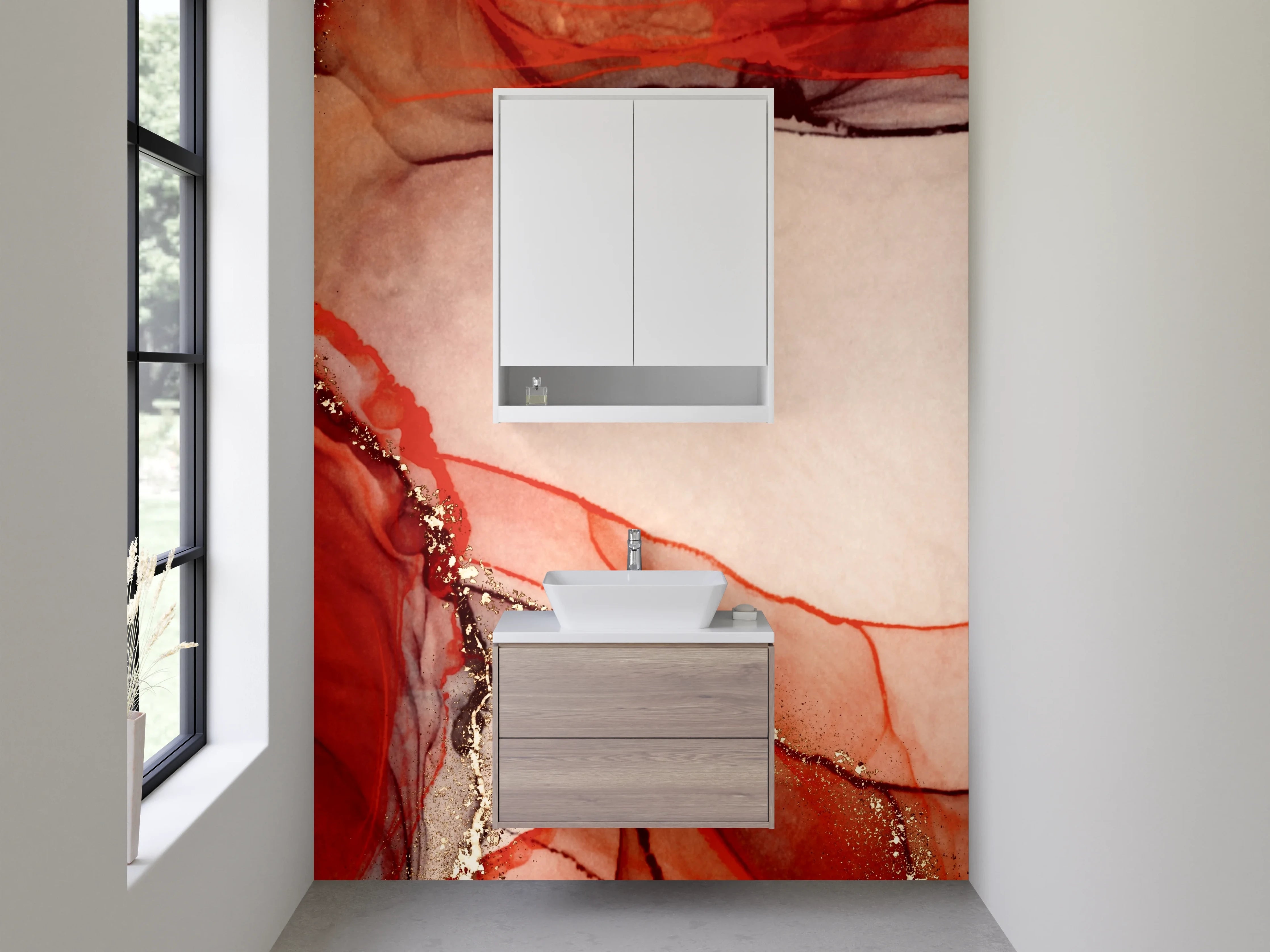 Waschbecken-Rückwand - Abstrakte Kunst in Rot und Gold