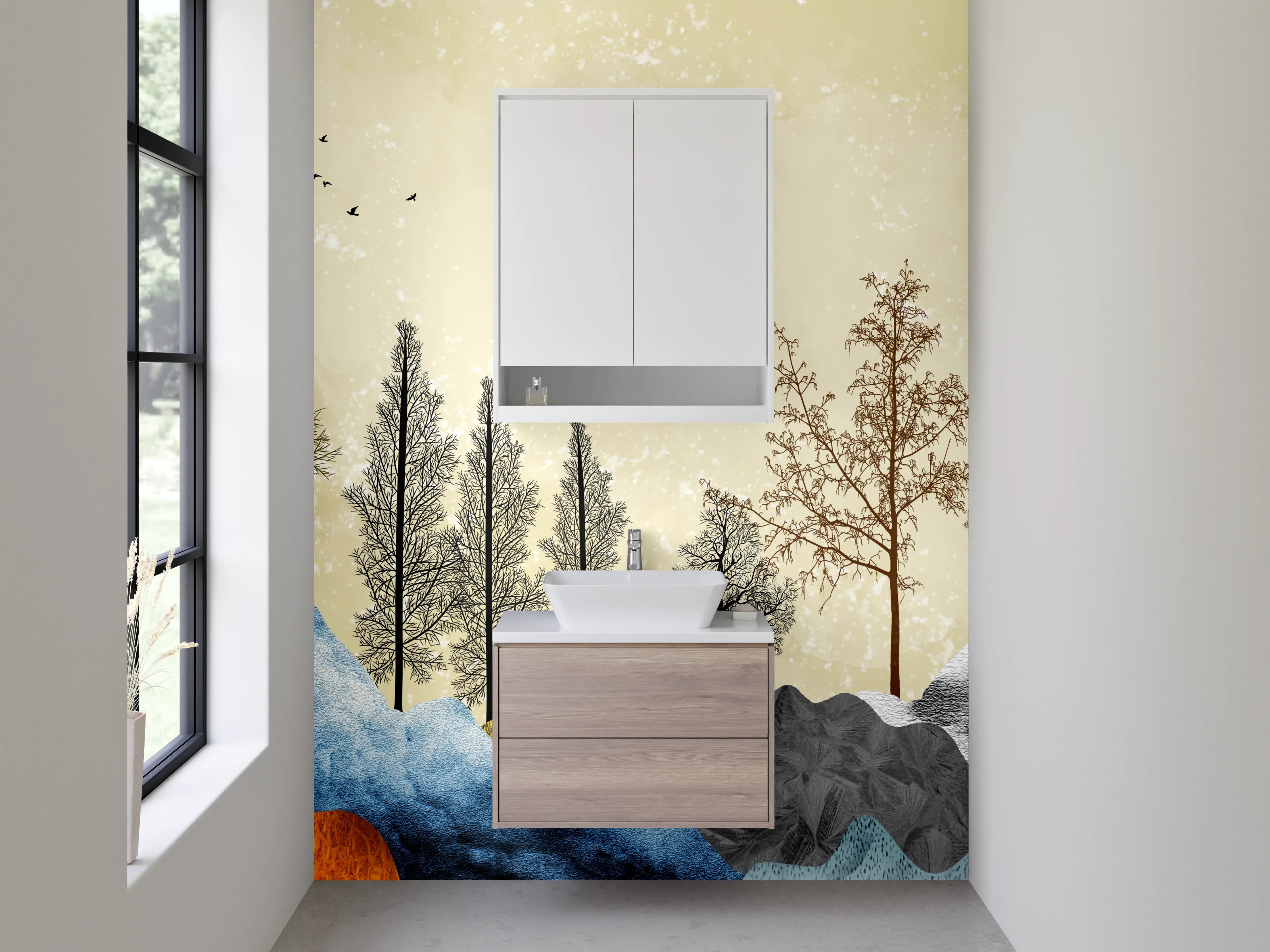 Waschbecken-Rückwand - Abstrakte Landschaft Bergwald Aquarell
