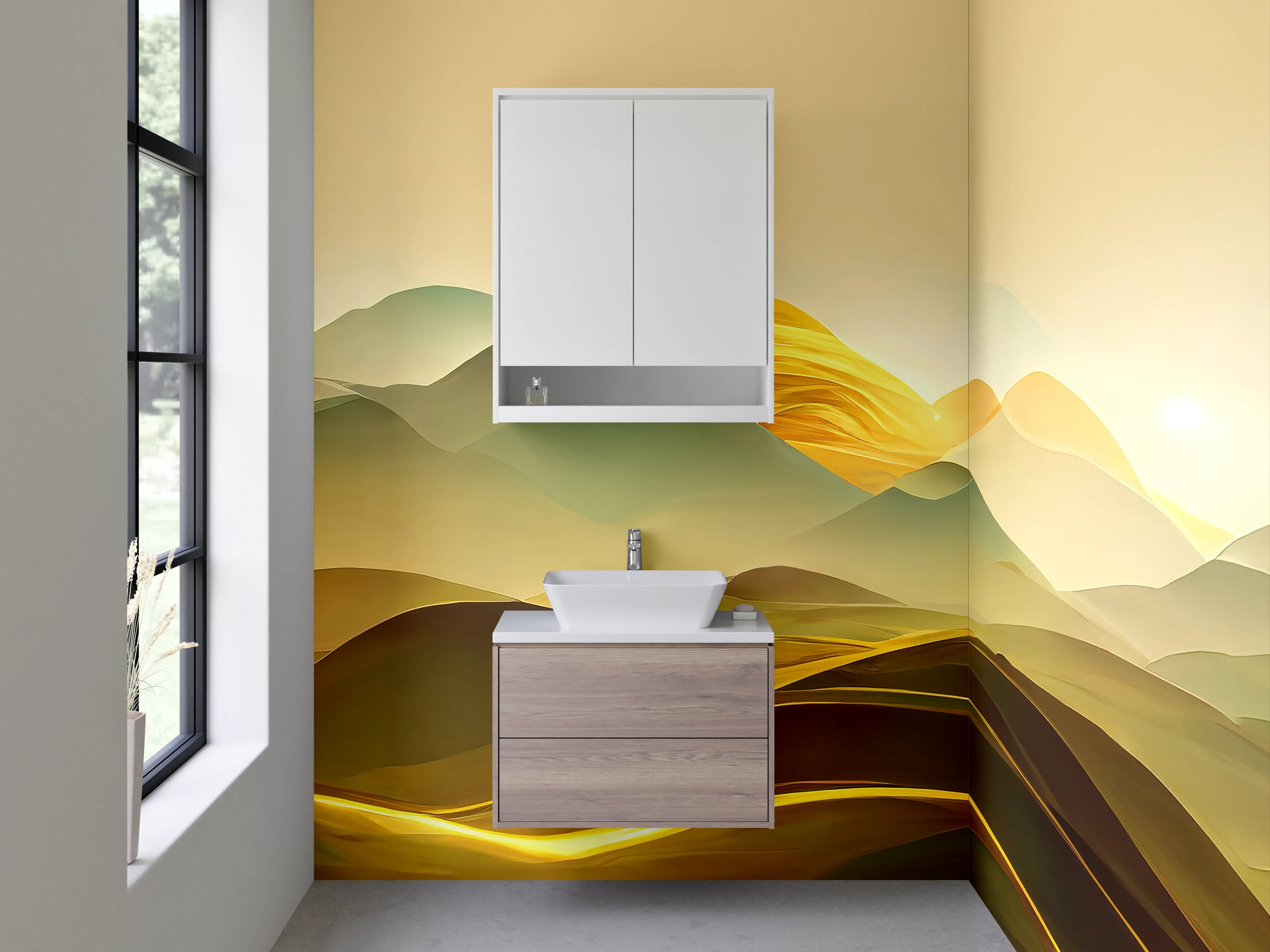 Waschbecken-Rückwand - Abstrakte Landschaft in Gold- und Grüntönen