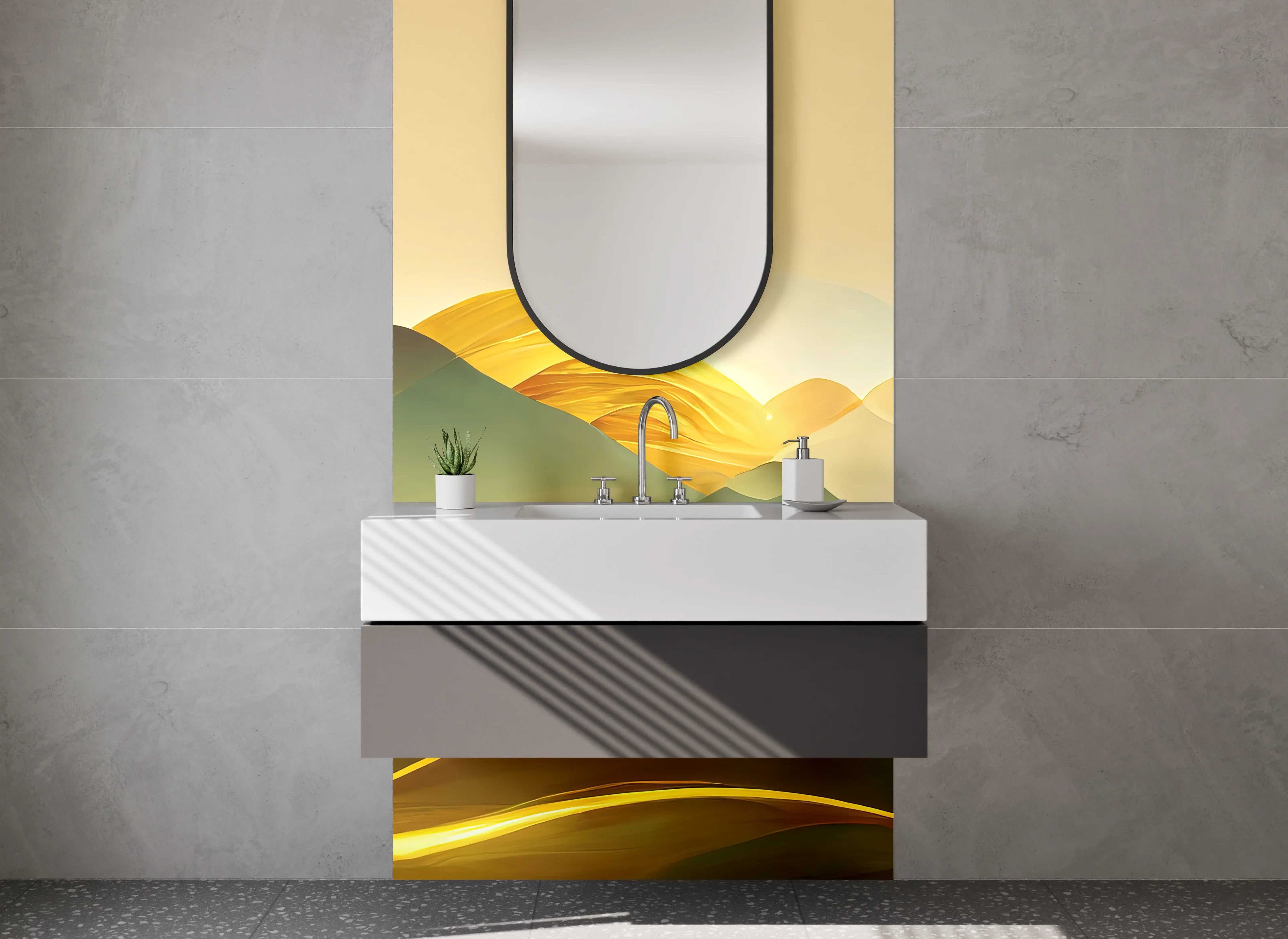 Waschbecken-Rückwand - Abstrakte Landschaft in Gold- und Grüntönen