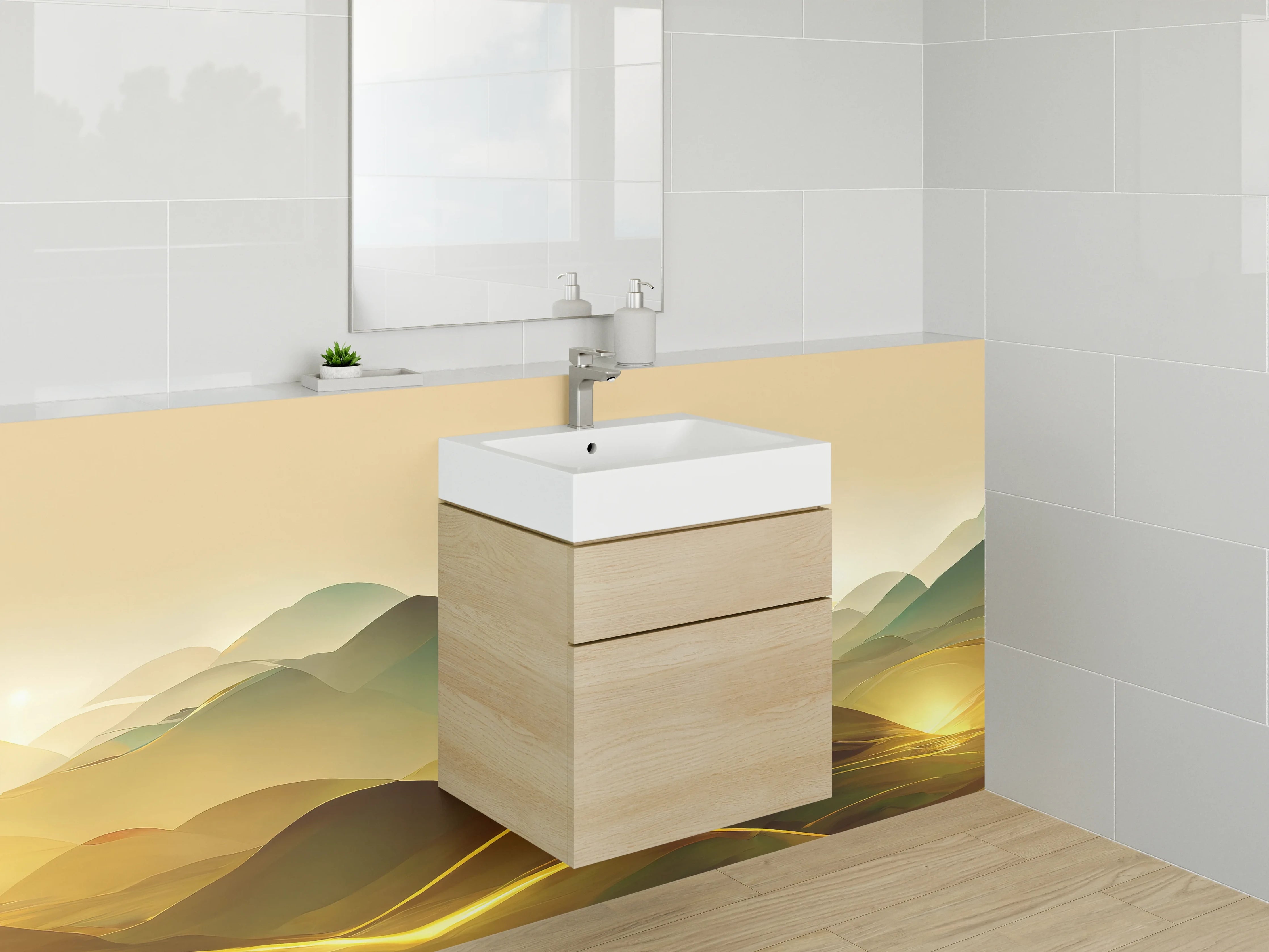 Waschbecken-Rückwand - Abstrakte Landschaft in Gold- und Grüntönen