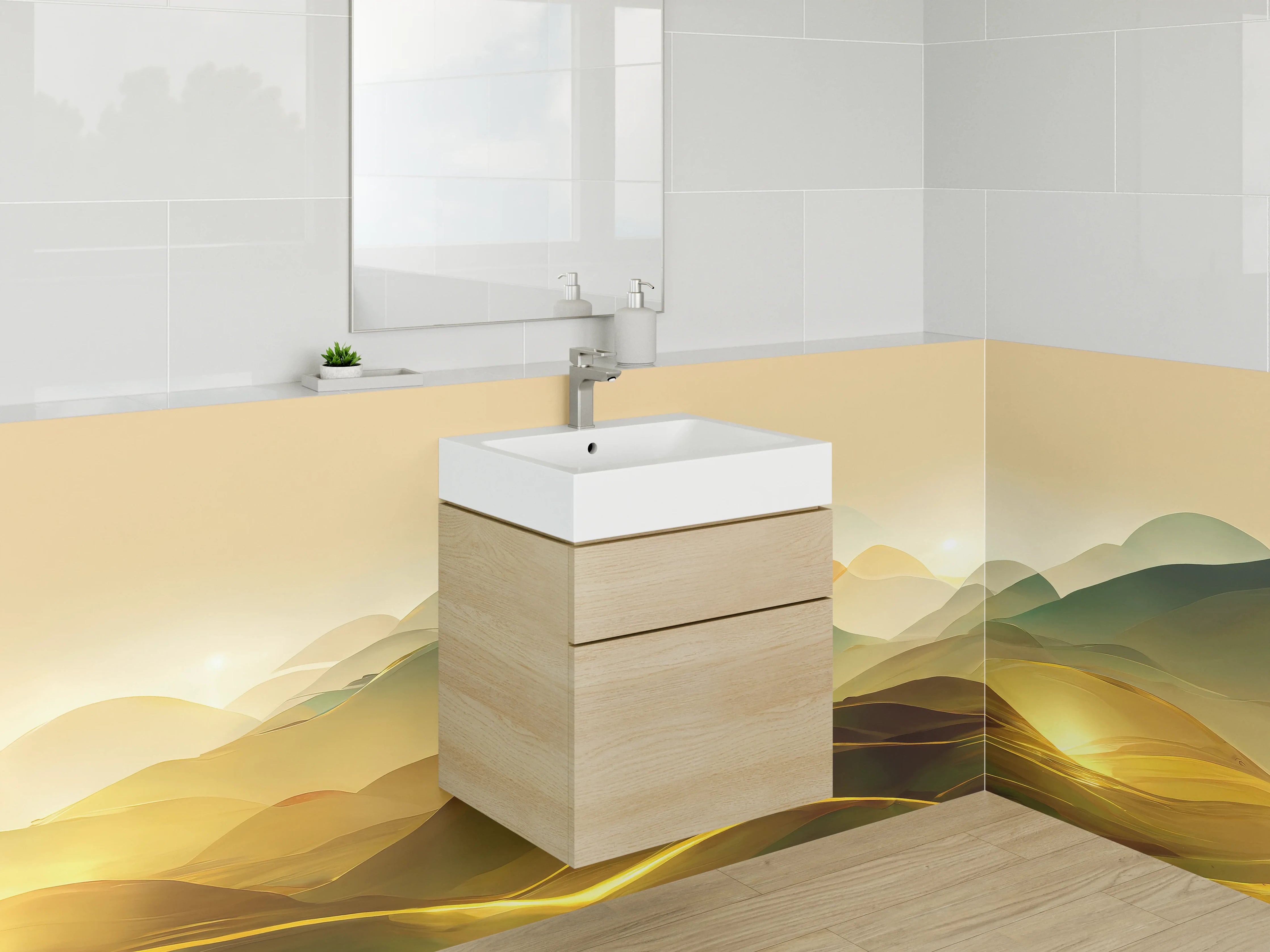 Waschbecken-Rückwand - Abstrakte Landschaft in Gold- und Grüntönen