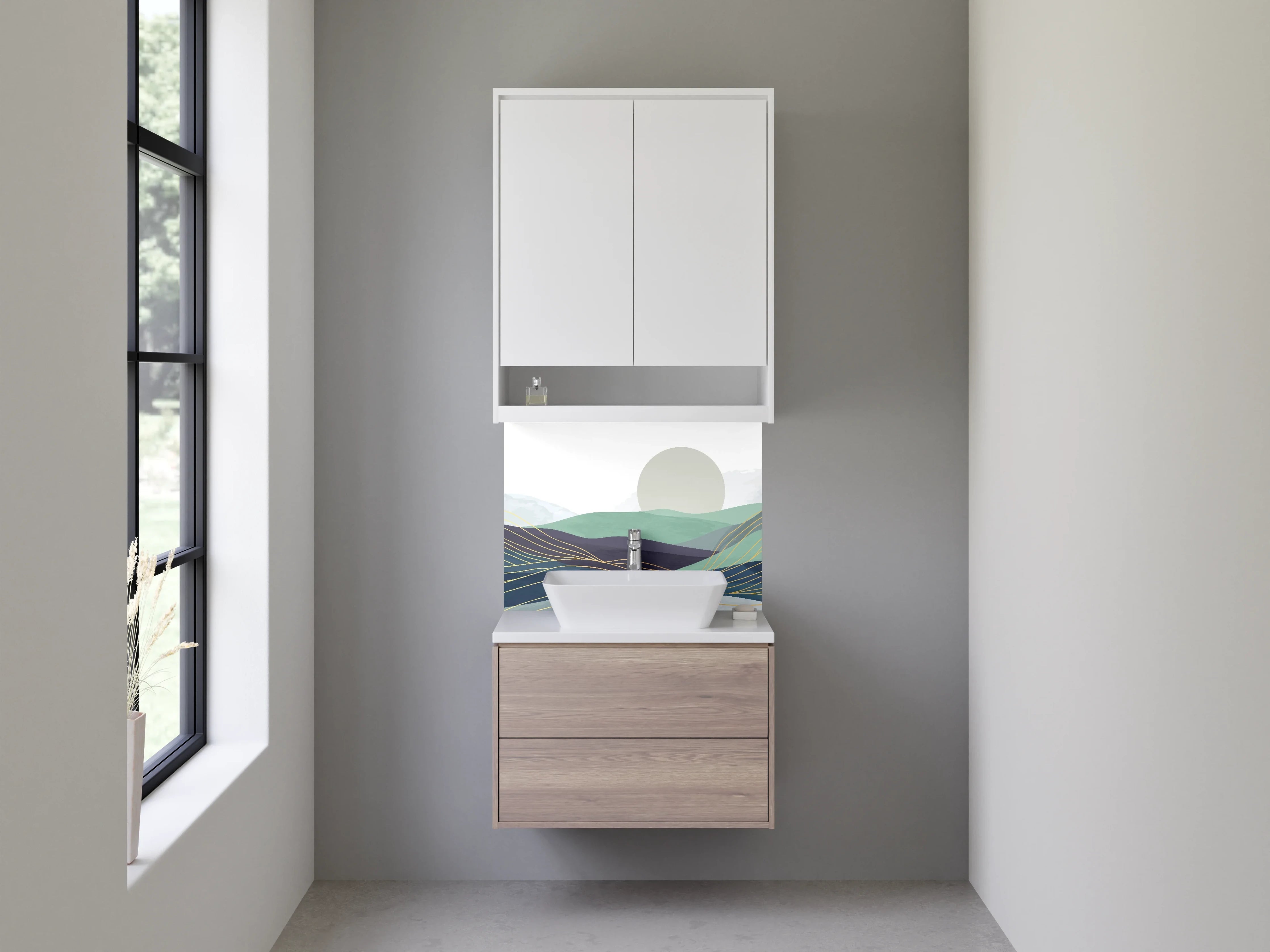 Waschbecken-Rückwand - Abstrakte Landschaft mit sanften Hügeln und Sonne