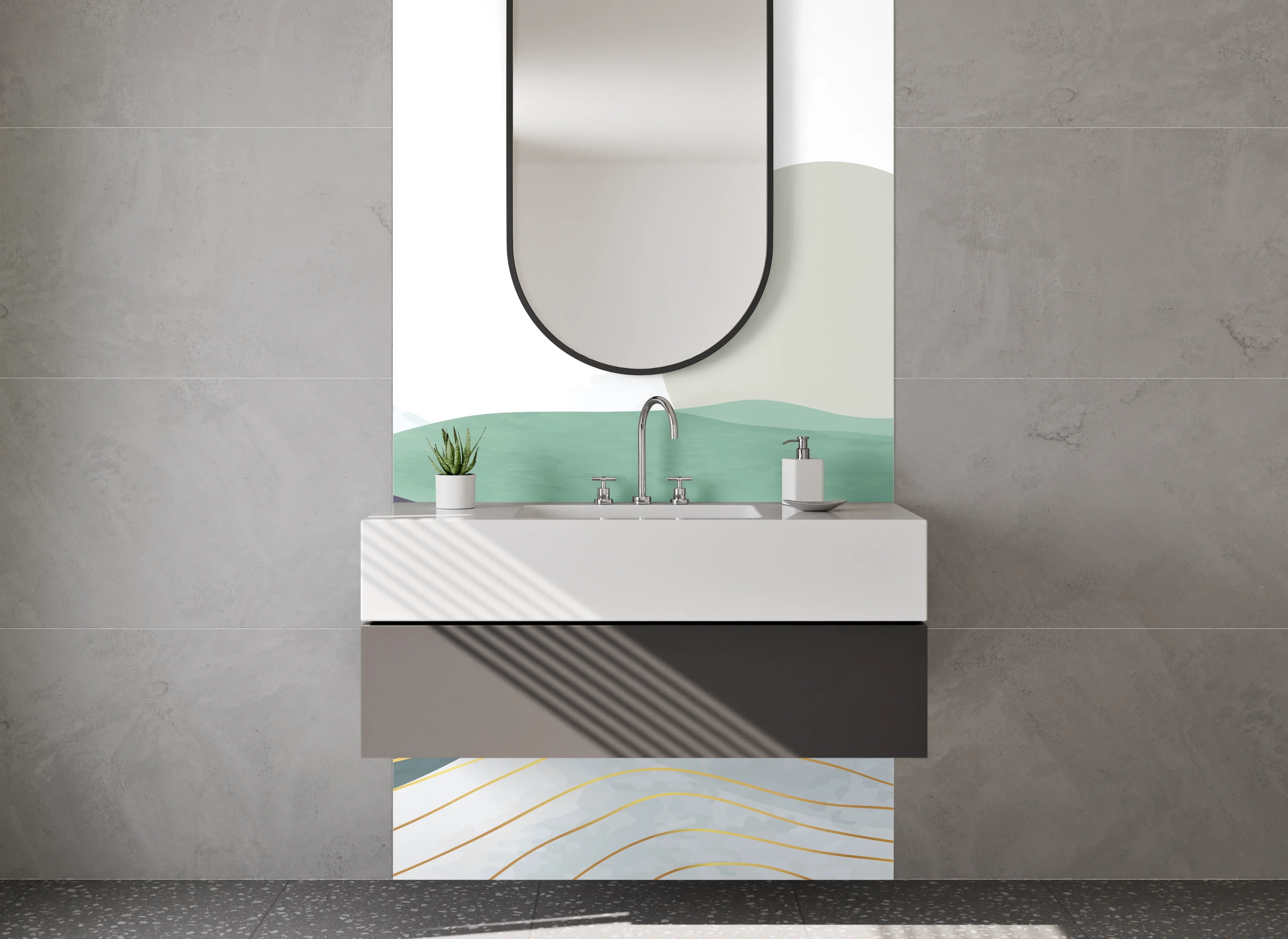 Waschbecken-Rückwand - Abstrakte Landschaft mit sanften Hügeln und Sonne